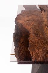 Modern Live Edge Bastogne Walnut and Glass Dining Table on Blackened Steel Base