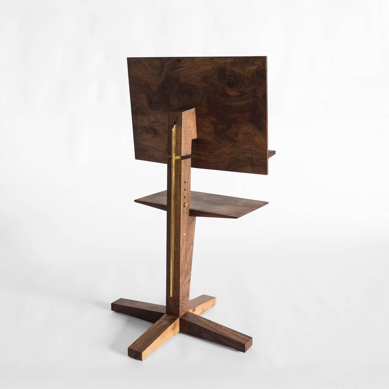 Modern Solid Claro Walnut and Polished Brass Adjustable Music Stand with Storage For Sale at