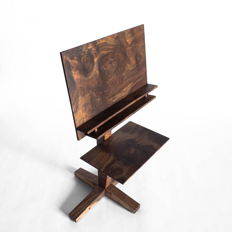 Modern Solid Claro Walnut and Polished Brass Adjustable Music Stand with Storage For Sale at