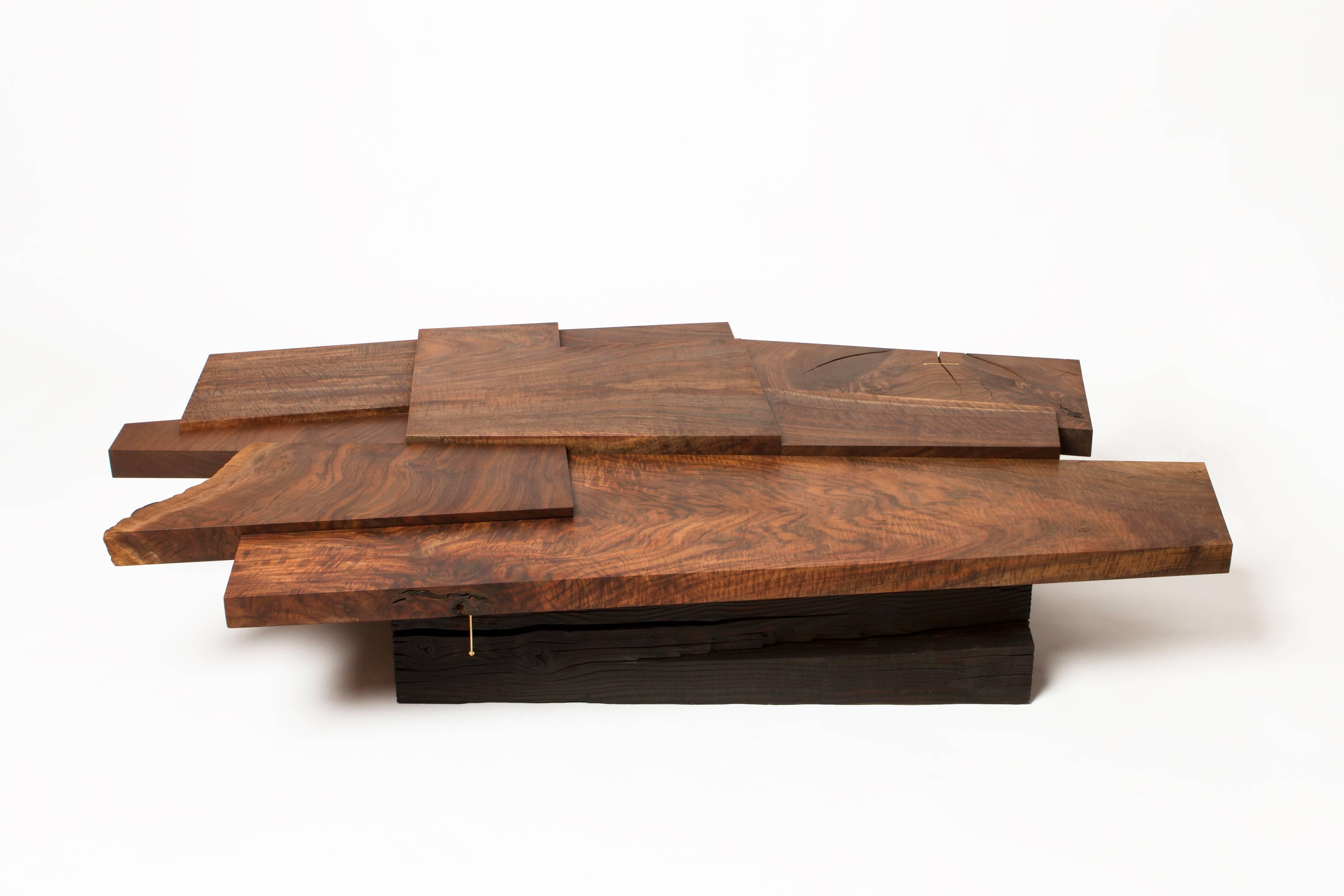 Modern Claro Walnut Strike/ Slip Coffee Table with Brass and Charred Beam Base In New Condition For Sale In Sebastopol, CA