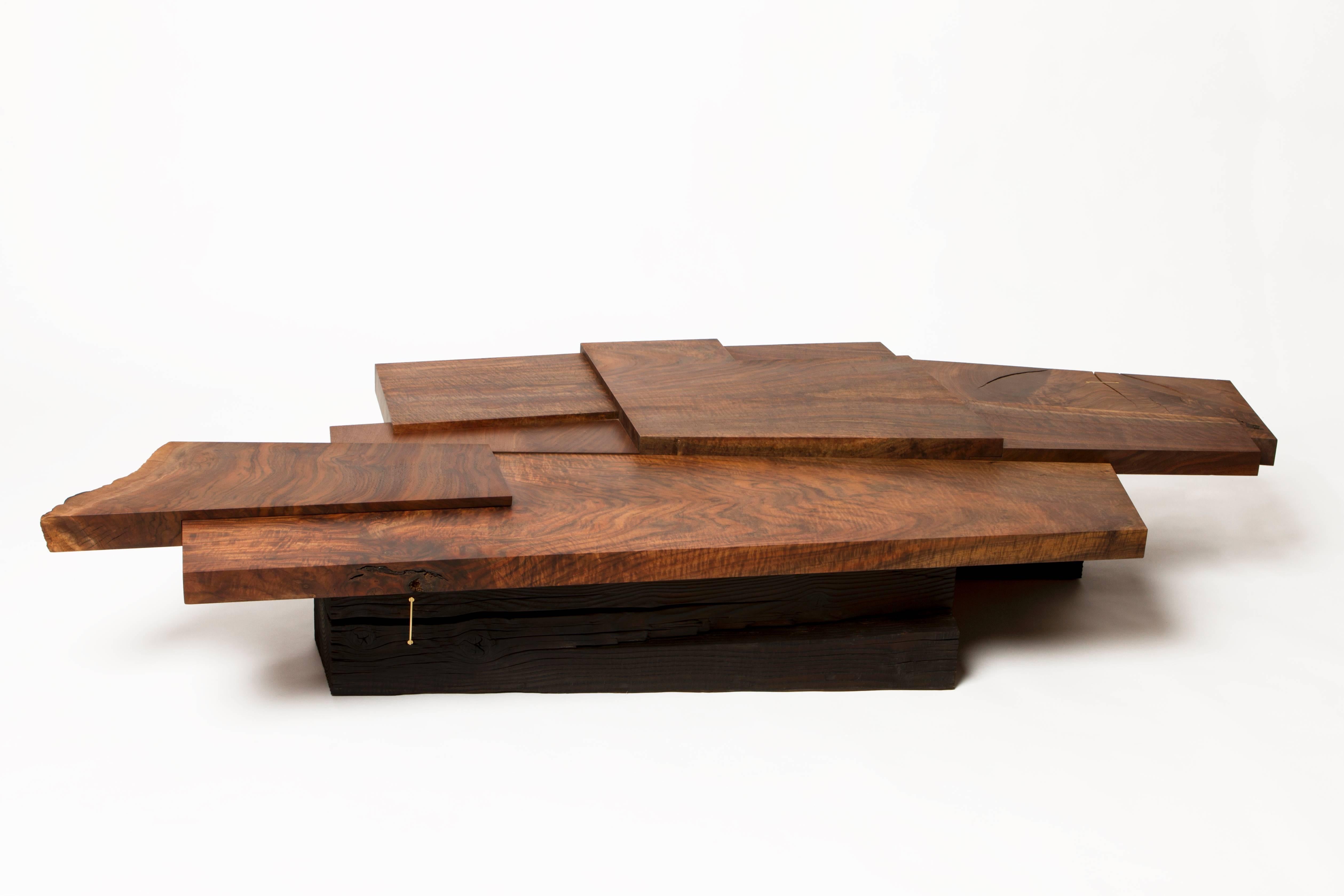 Contemporary Modern Claro Walnut Strike/ Slip Coffee Table with Brass and Charred Beam Base For Sale