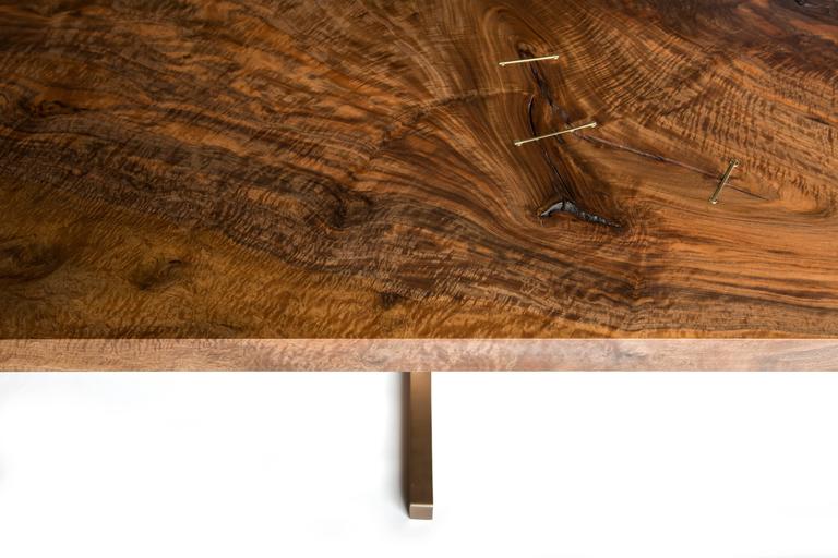 Modern Cast Bronze Trestle Dining Table With California Bastogne Contemporary Modern Cast Bronze Trestle Dining Table With California Bastogne Walnut Slab Top For