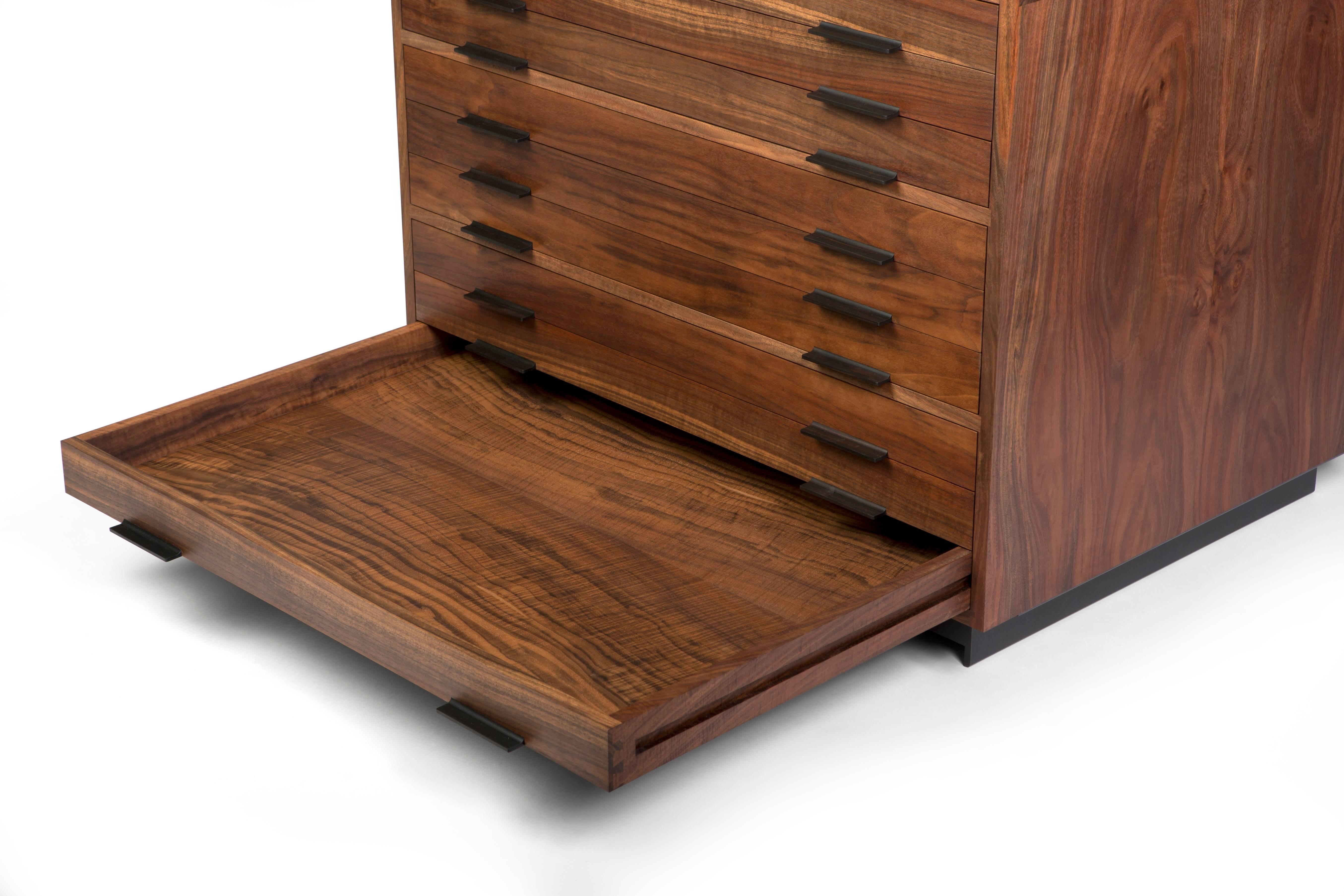 Modern Flat File Cabinet in Solid Claro Walnut Ebony and Blackened Steel In New Condition For Sale In Sebastopol, CA