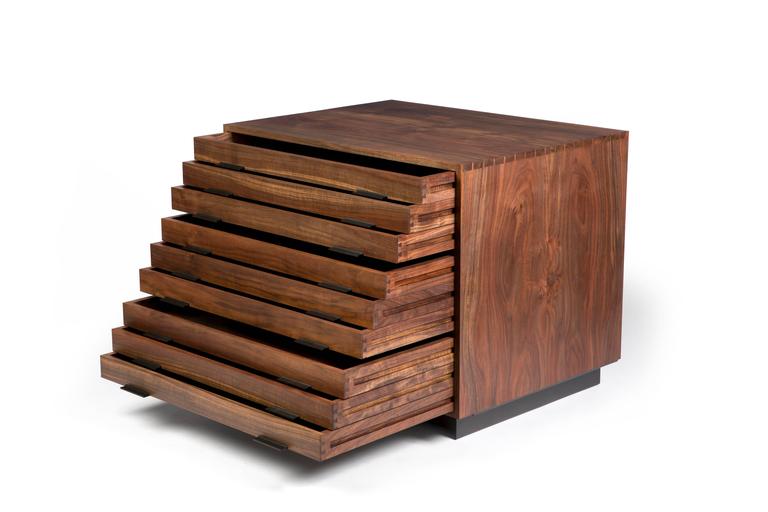 Modern Flat File Cabinet in Solid Claro Walnut Ebony and Blackened