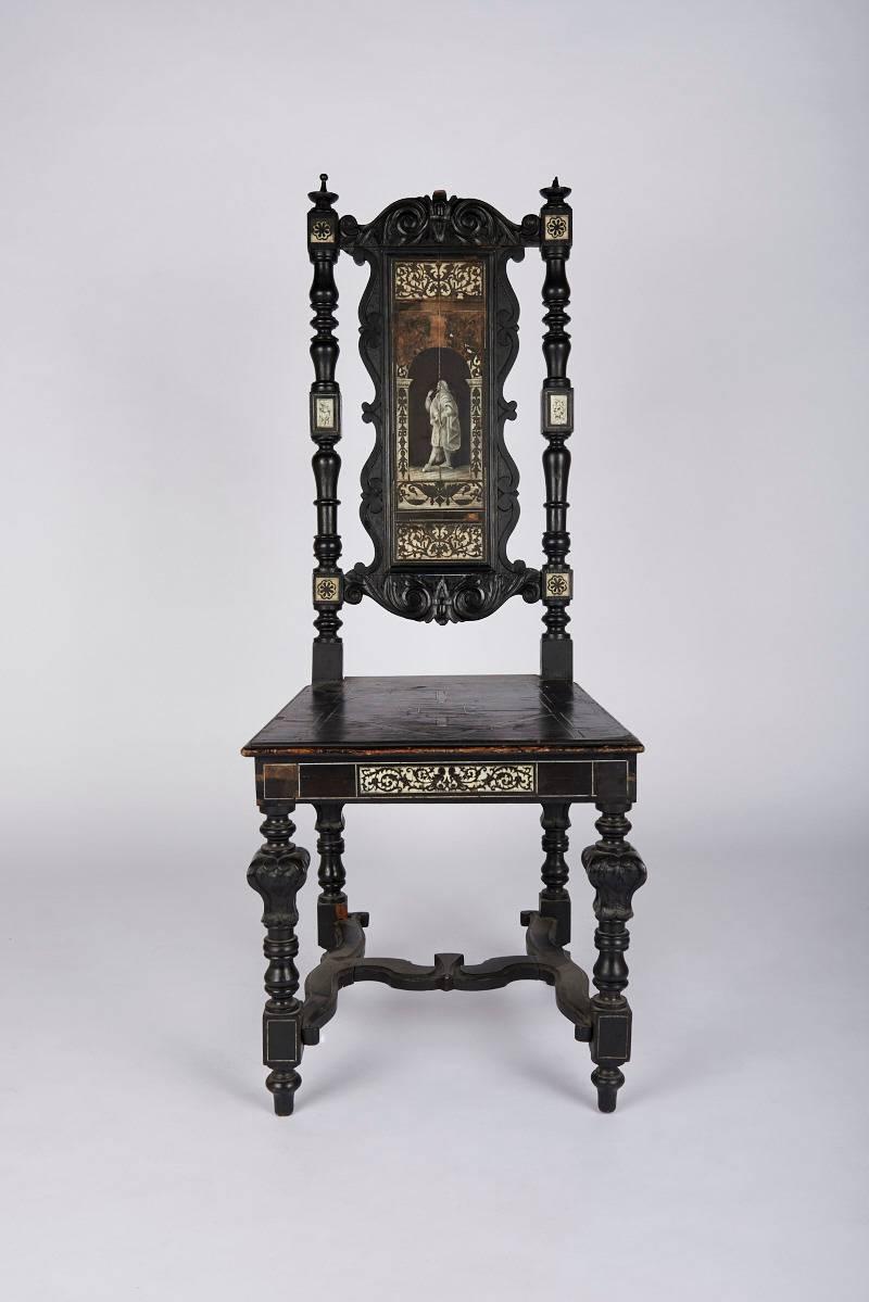 A pair of Venusian style 18th century bone inlay chairs.