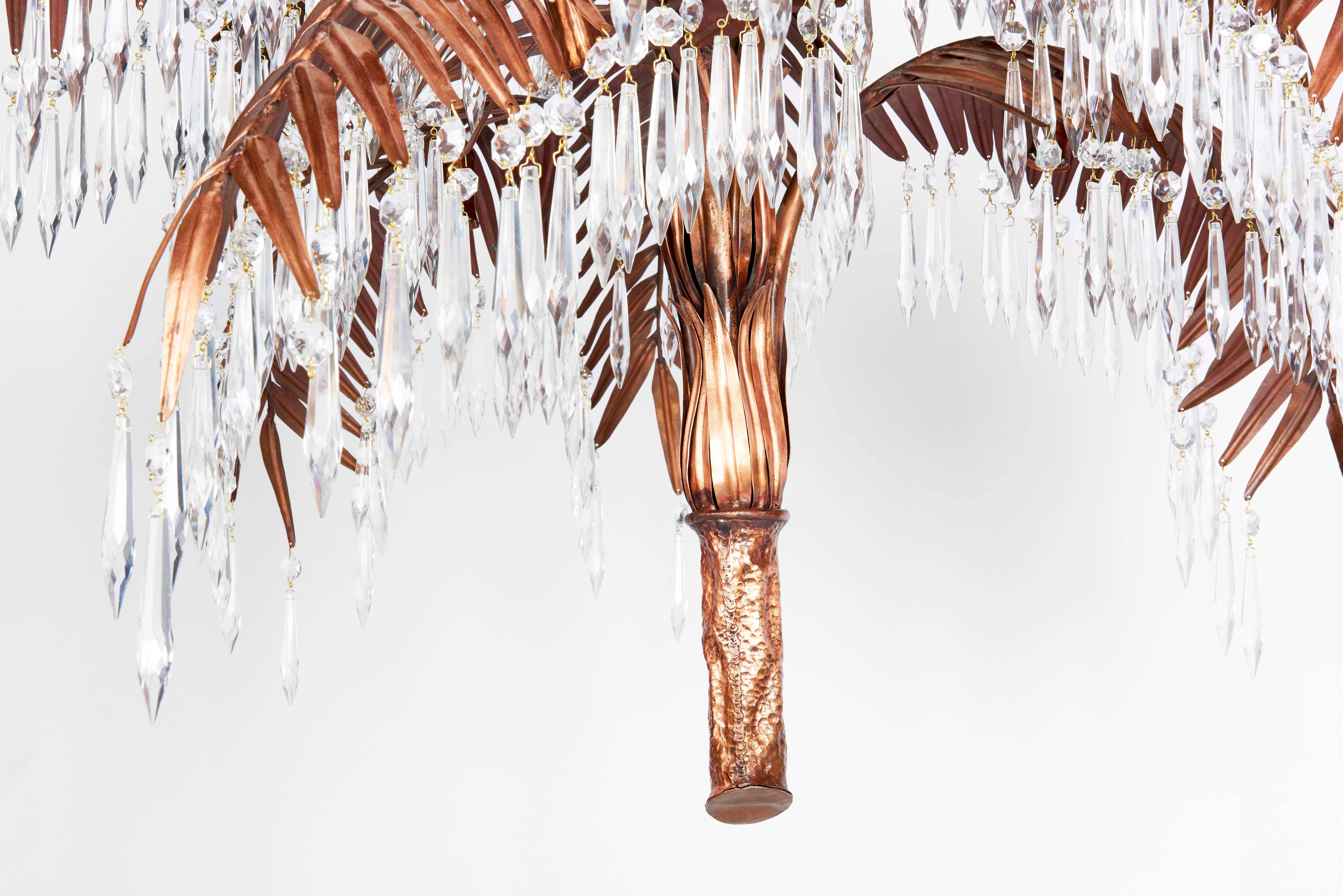 Hand-Crafted Handcrafted Copper Palm Tree Chandelier with Czech Crystal Prisms