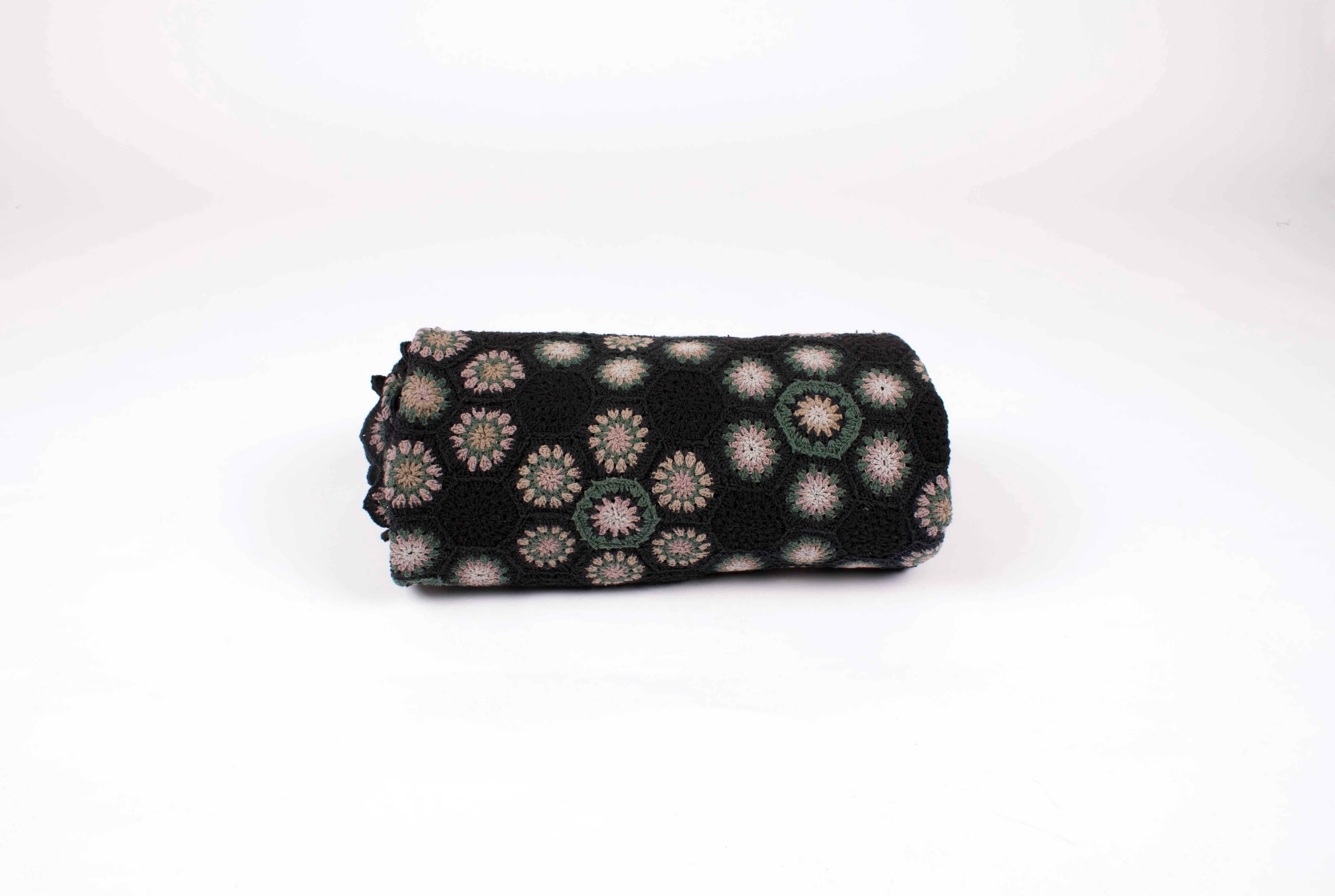 Asian Art Deco Style Crocheted Medallion Blanket Throw 09 Dark Neutral Tones For Sale