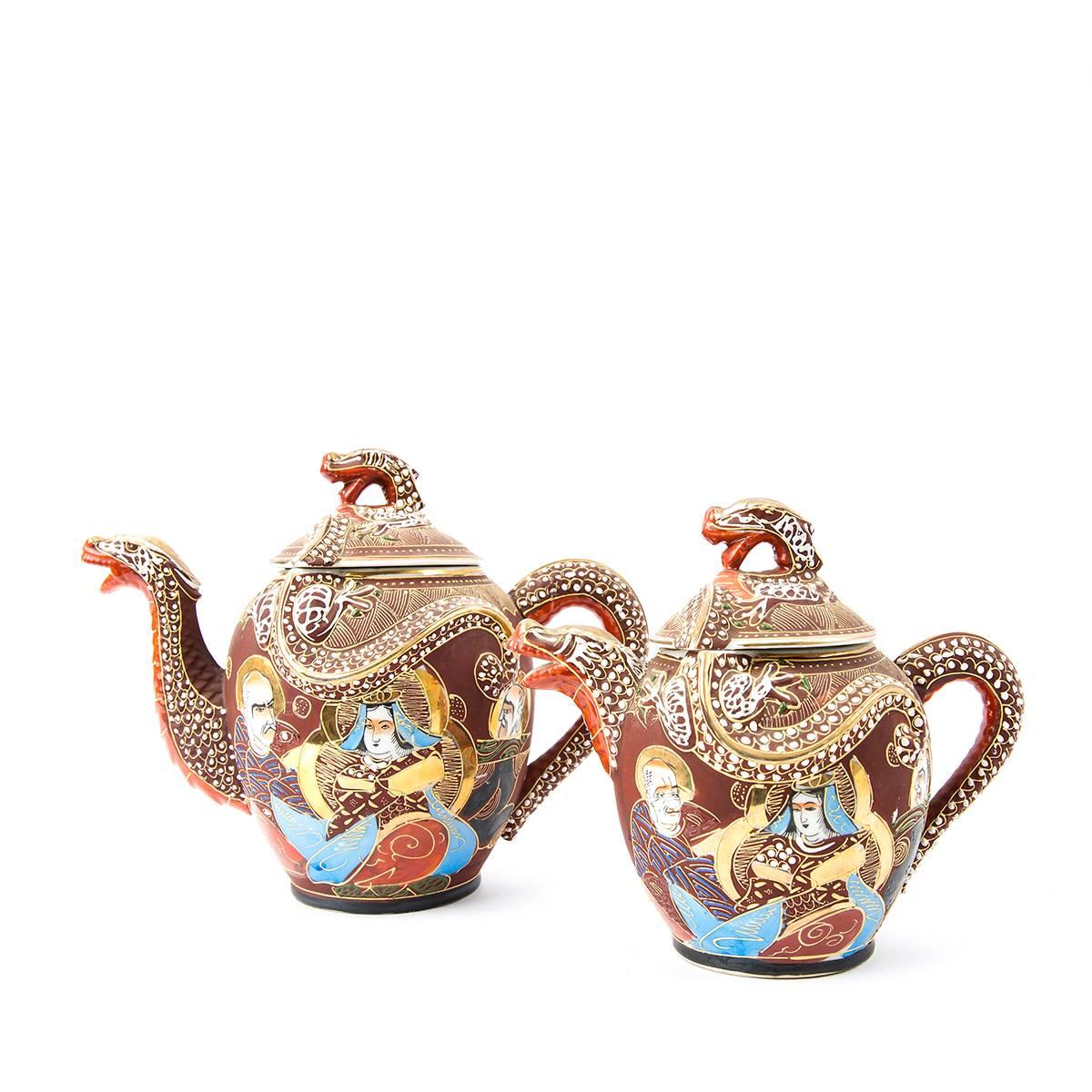 Japanese tea set. It was made in Satsuma, a province in the southern part of Kyushu. The decoration is Kyoto-style, meaning it was made in a workshop in one of the busy trade centers such as Kyoto, Yokohama, or Osaka, for export to the West. The set