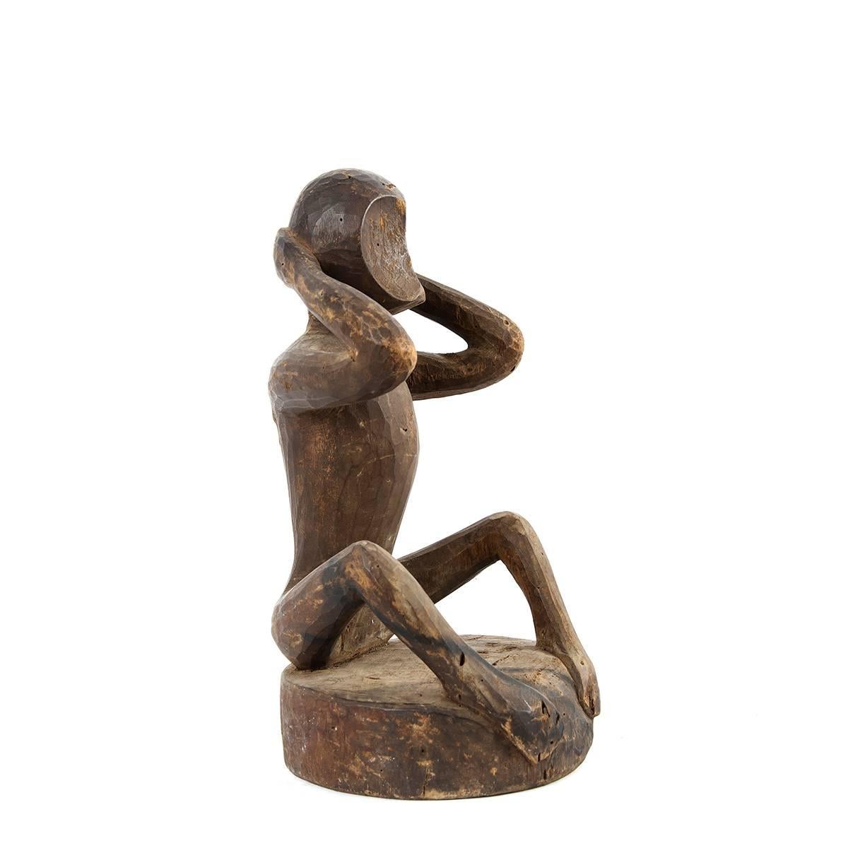 Hand-Carved Hand Carved Sitting Monkey Primitive Art from Asia For Sale
