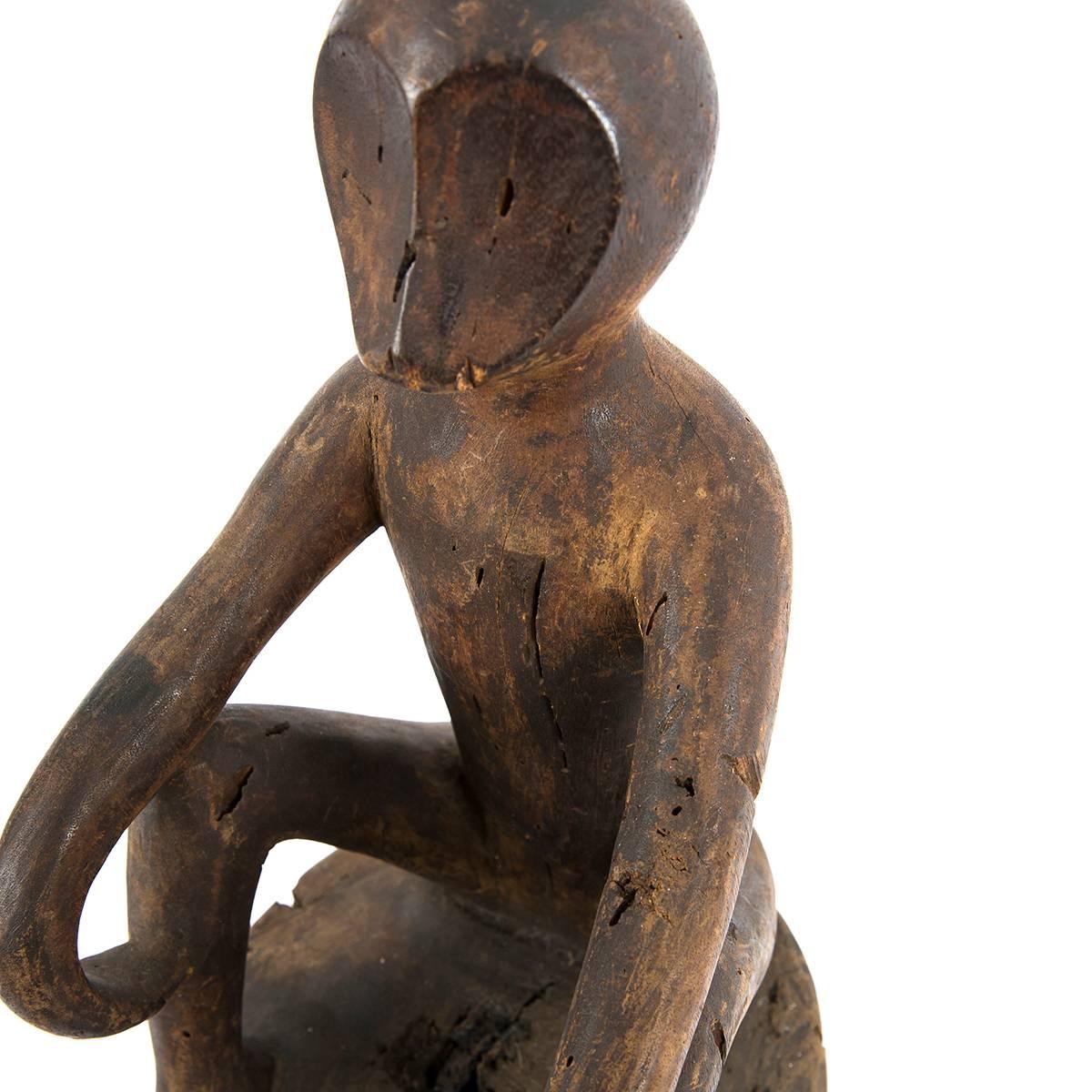 18th Century Hand Carved Sitting Monkey Primitive Art from Asia For Sale