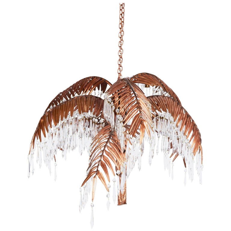 Handcrafted Copper Palm Tree Chandelier with Czech Crystal Prisms at