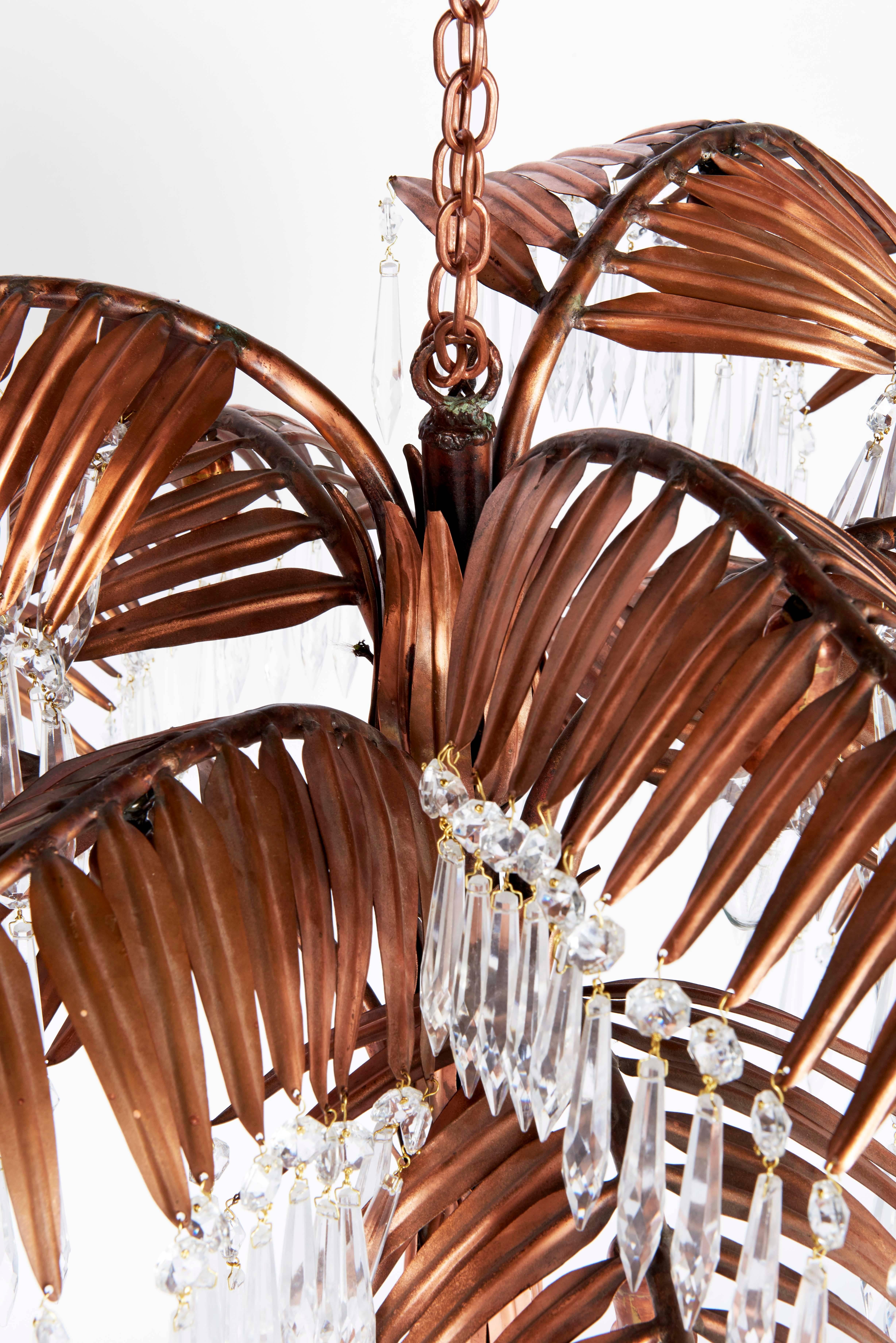 Indonesian Handcrafted Copper Palm Tree Chandelier with Czech Crystal Prisms
