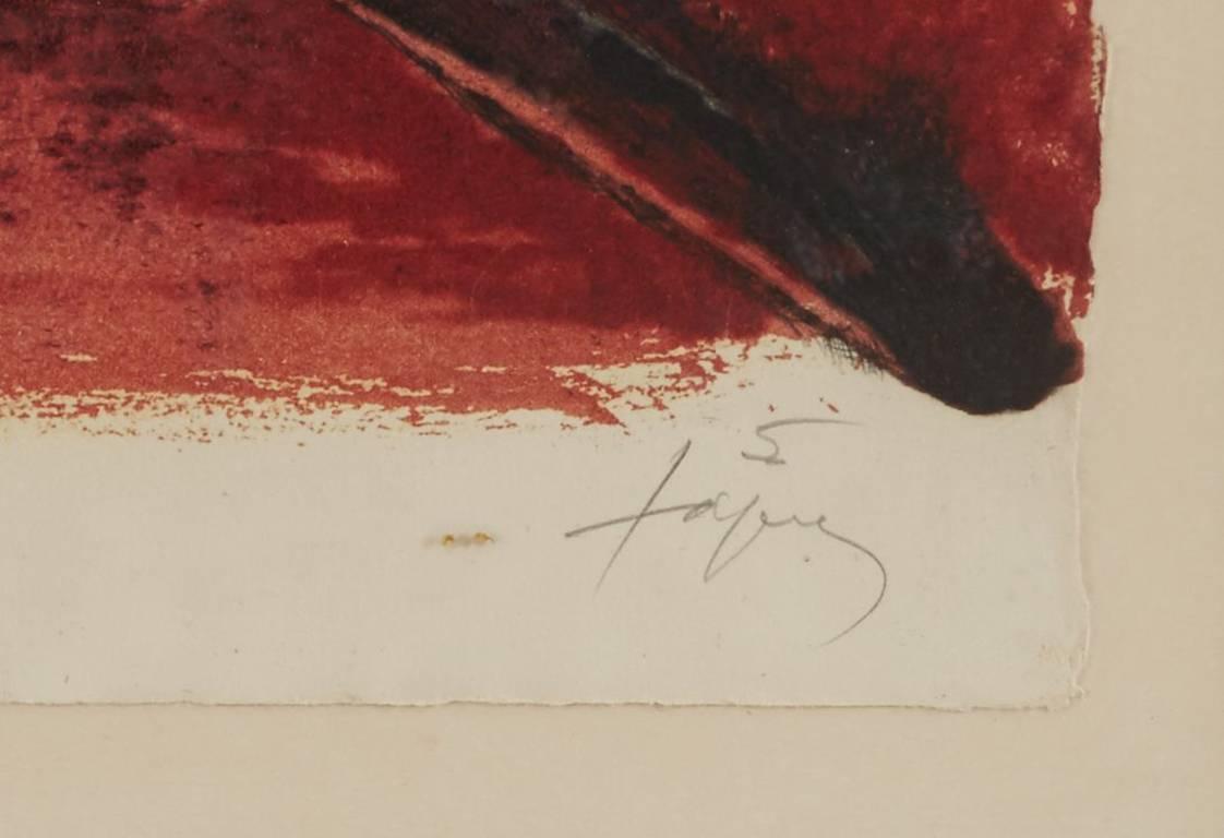 Title: Negre I Roig: A Damunt Vermell/red and black: A Above Red 
Color etching, 1976 signed and numbered. 
Tapies 9/75.
From litterature: 613 Galfetti.