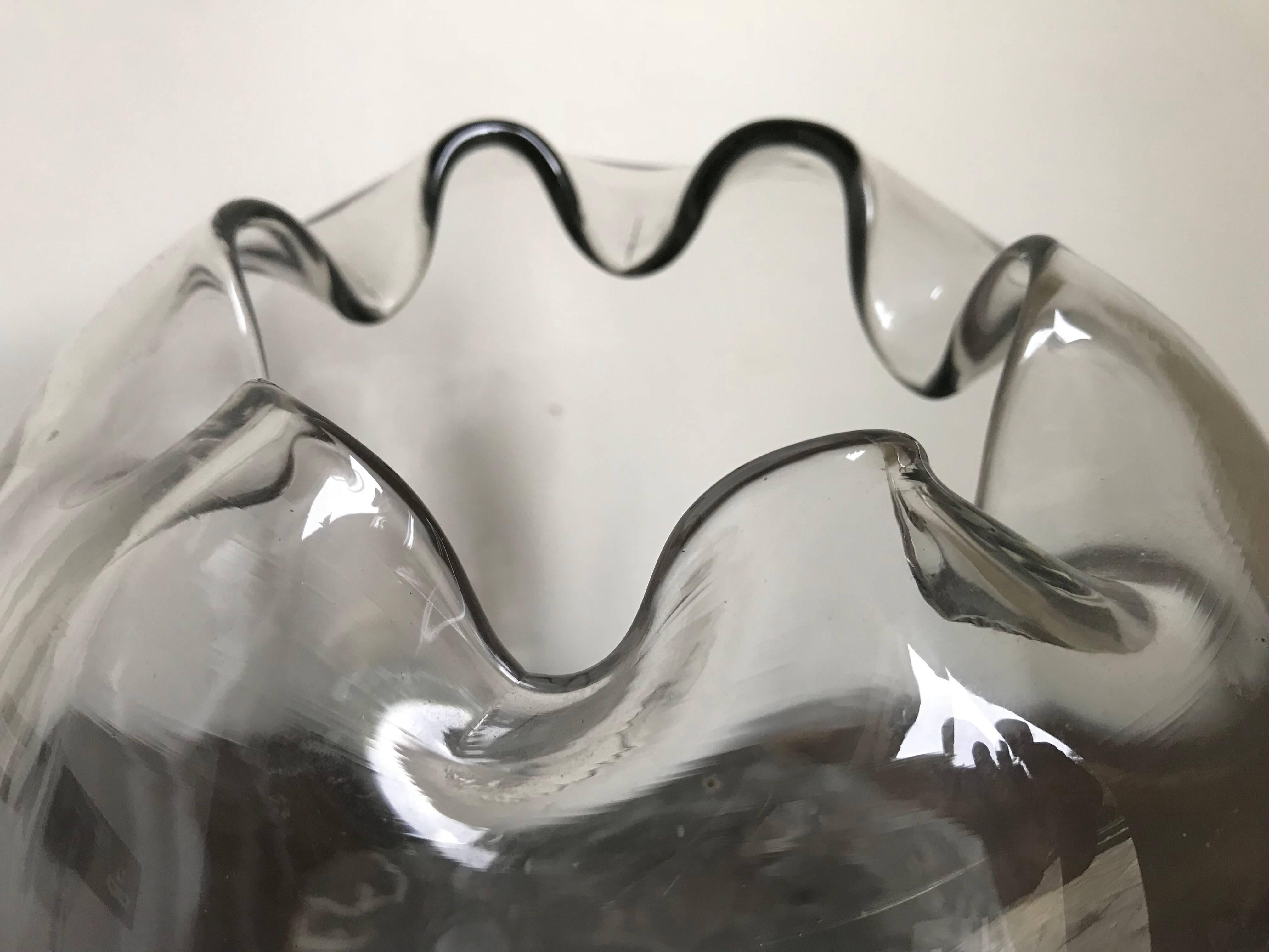 Art Deco 1930s Clear Spherical Handblown Glass Vase with Folded Detail, French