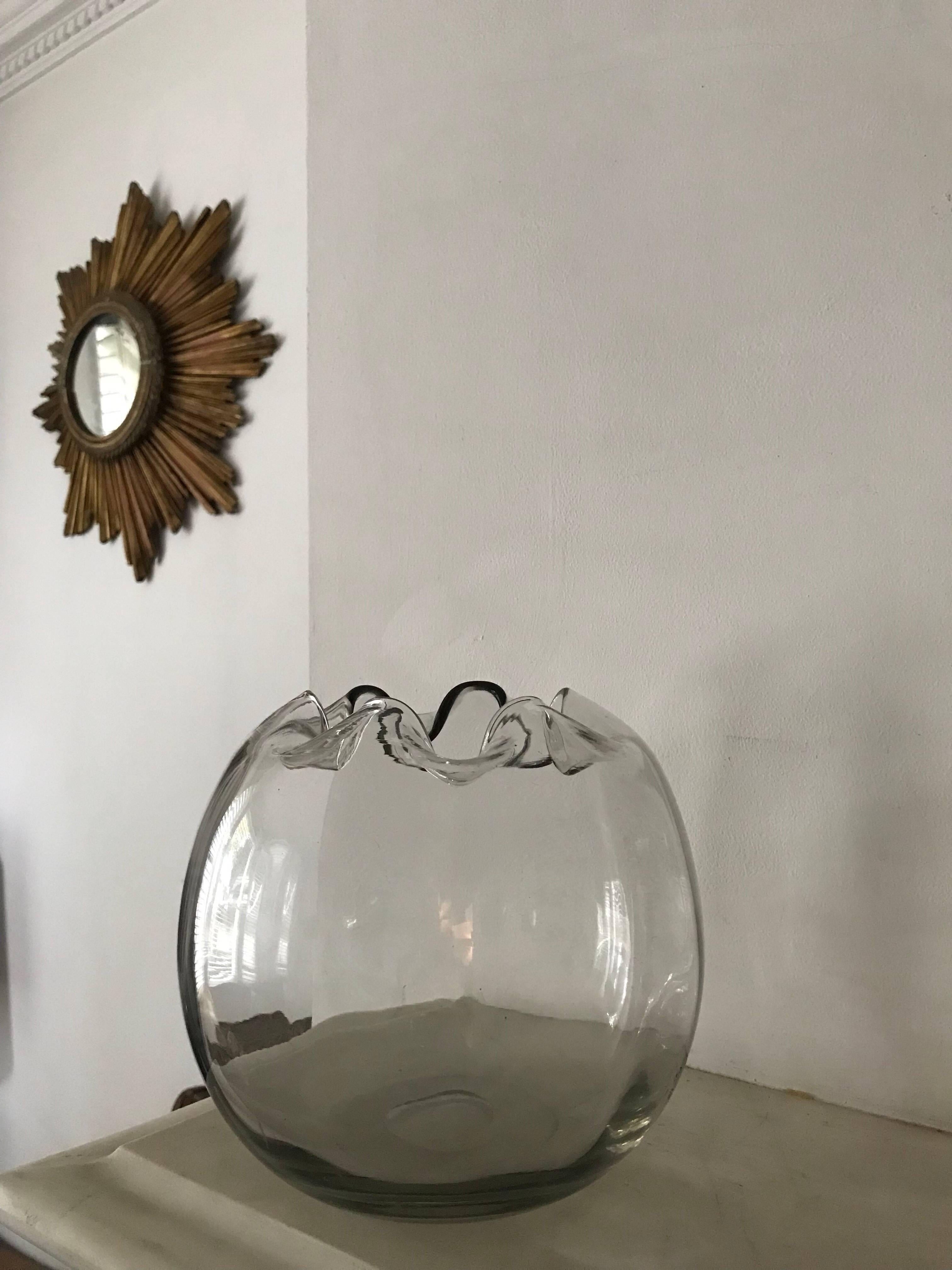 1930s Clear Spherical Handblown Glass Vase with Folded Detail, French In Good Condition In London, GB