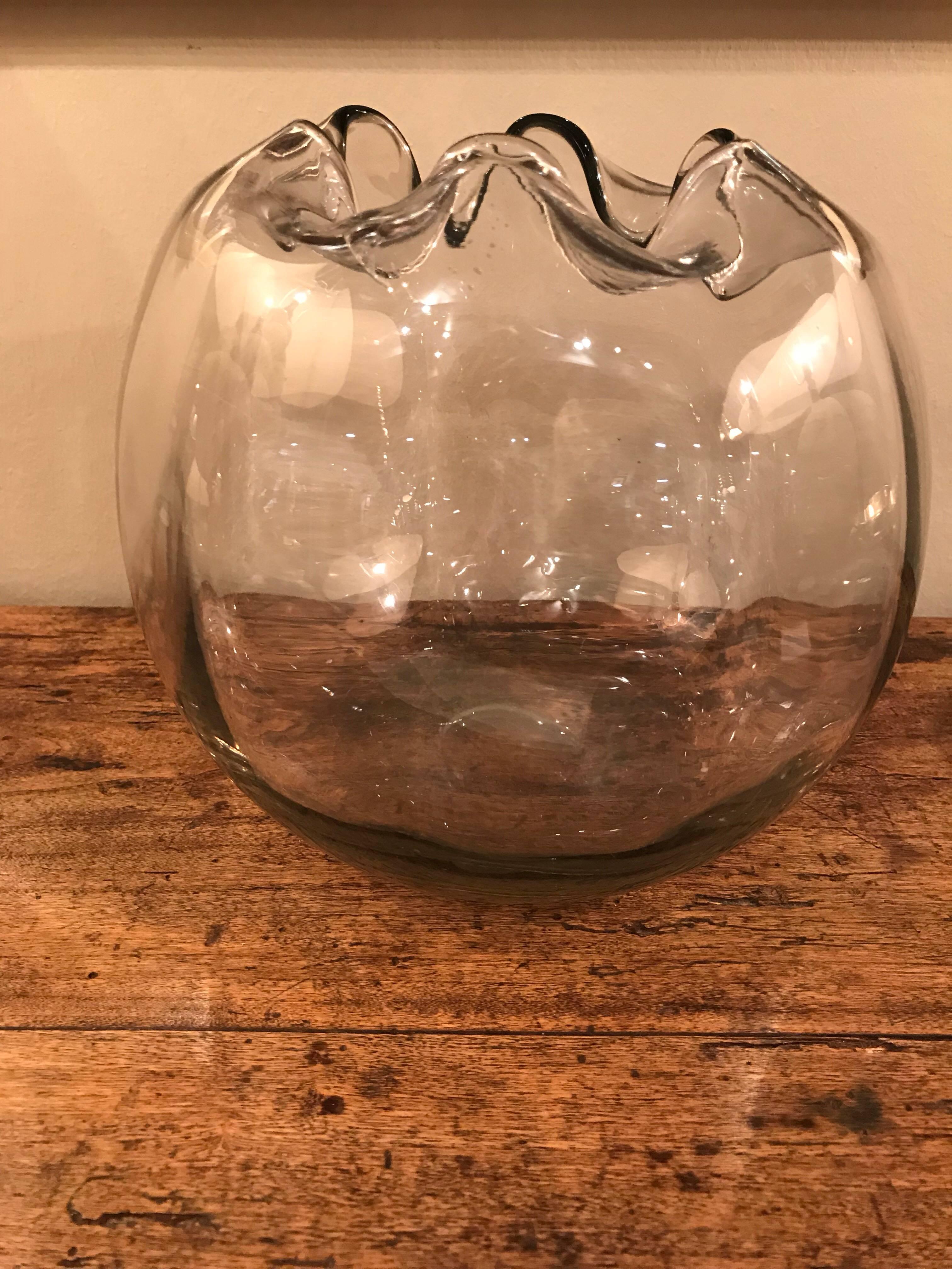 20th Century 1930s Clear Spherical Handblown Glass Vase with Folded Detail, French