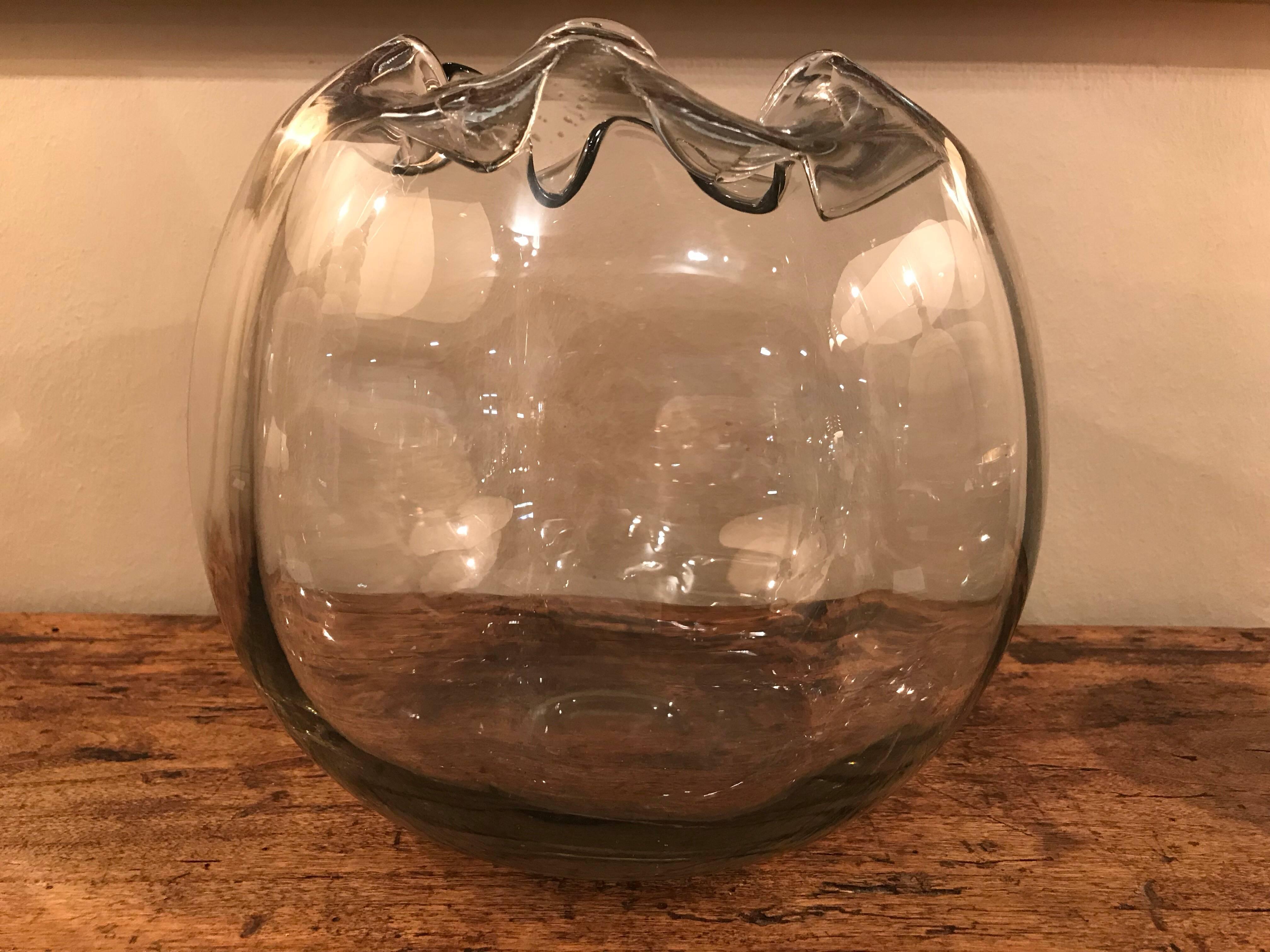 1930s Clear Spherical Handblown Glass Vase with Folded Detail, French 1