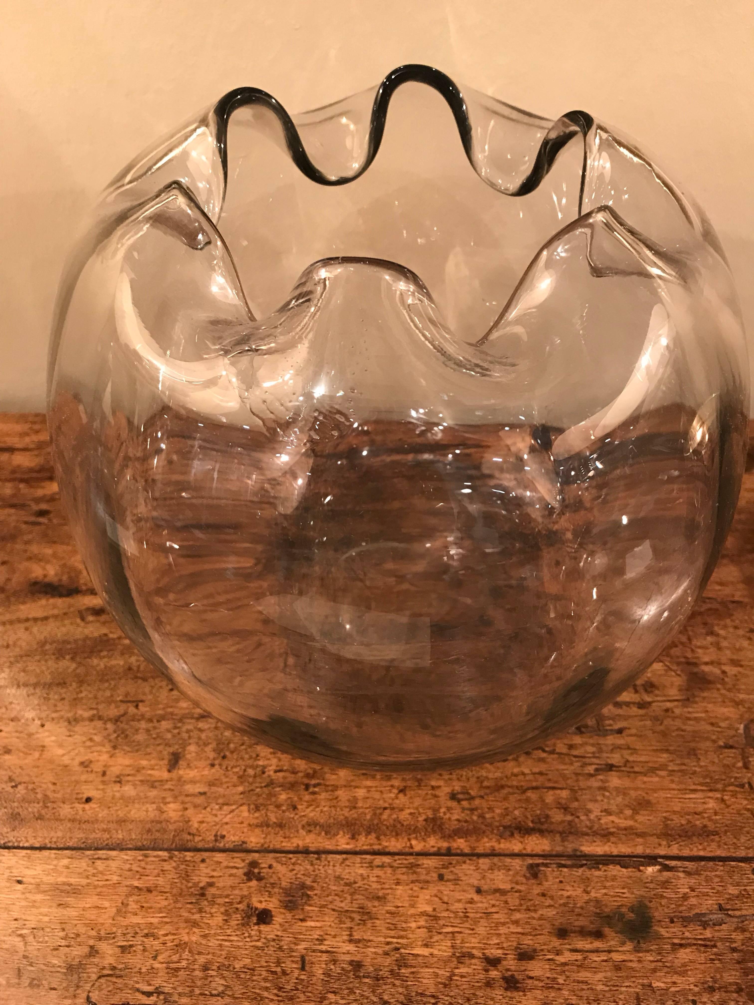 1930s Clear Spherical Handblown Glass Vase with Folded Detail, French 2