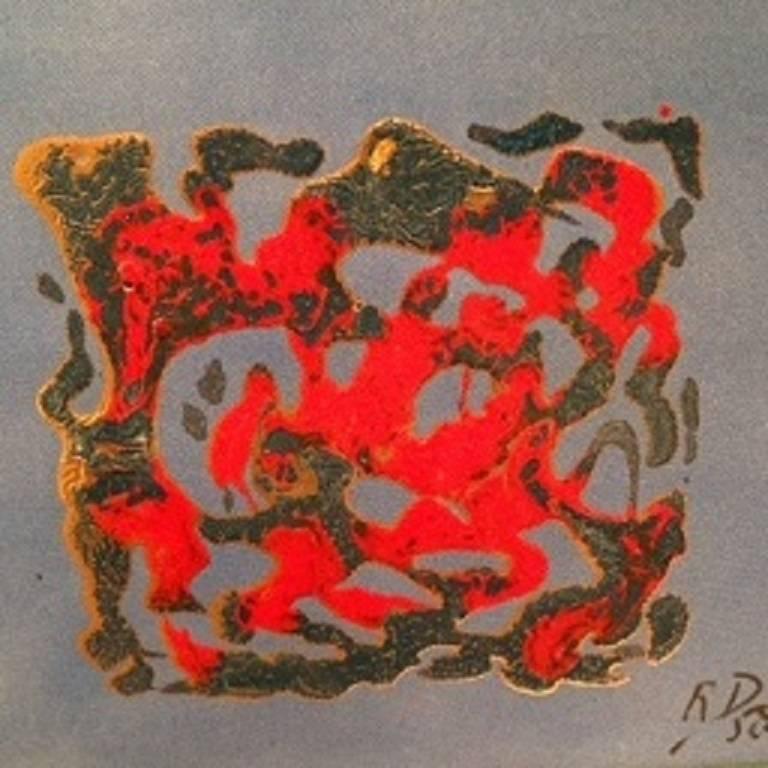 A small striking abstract mixed-media painting in gold, red and blue, on a silk mounted panel. Mounted in a hand colored mount and gilded wood frame. Signed RD and dated 1958 on the front and inscribed on the back 