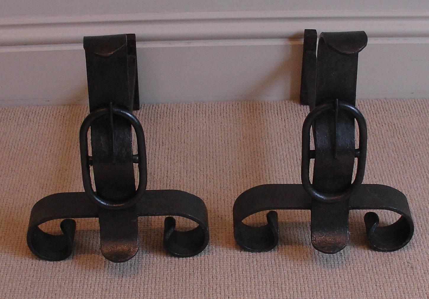 Pair of French Wrought Iron Fire Dogs/Andirons with Large Buckle Detail For Sale 1