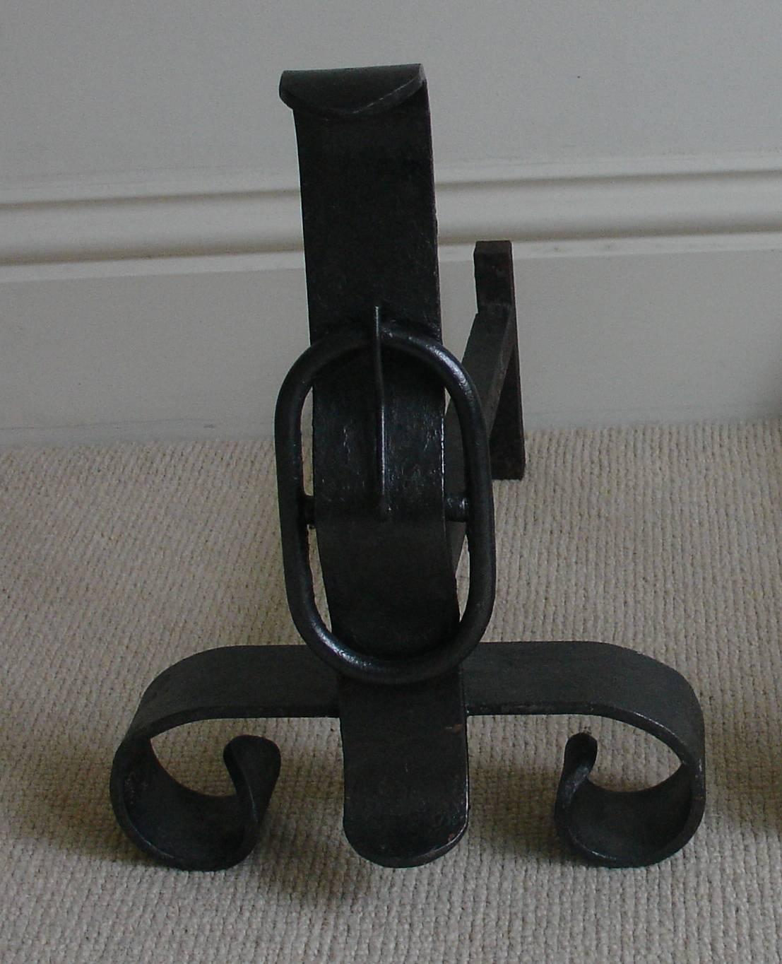 Mid-Century Modern Pair of French Wrought Iron Fire Dogs/Andirons with Large Buckle Detail For Sale
