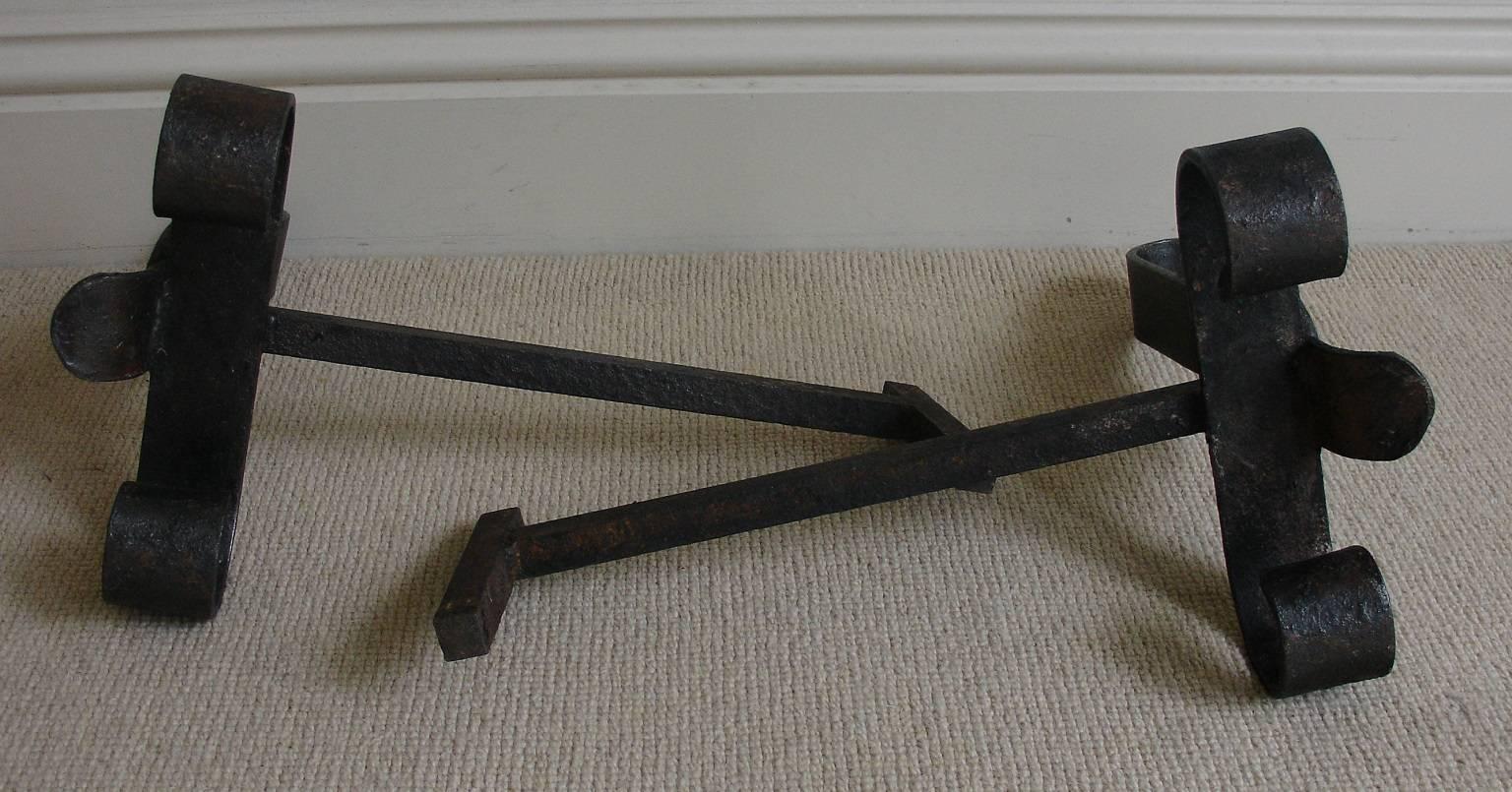 20th Century Pair of French Wrought Iron Fire Dogs/Andirons with Large Buckle Detail For Sale