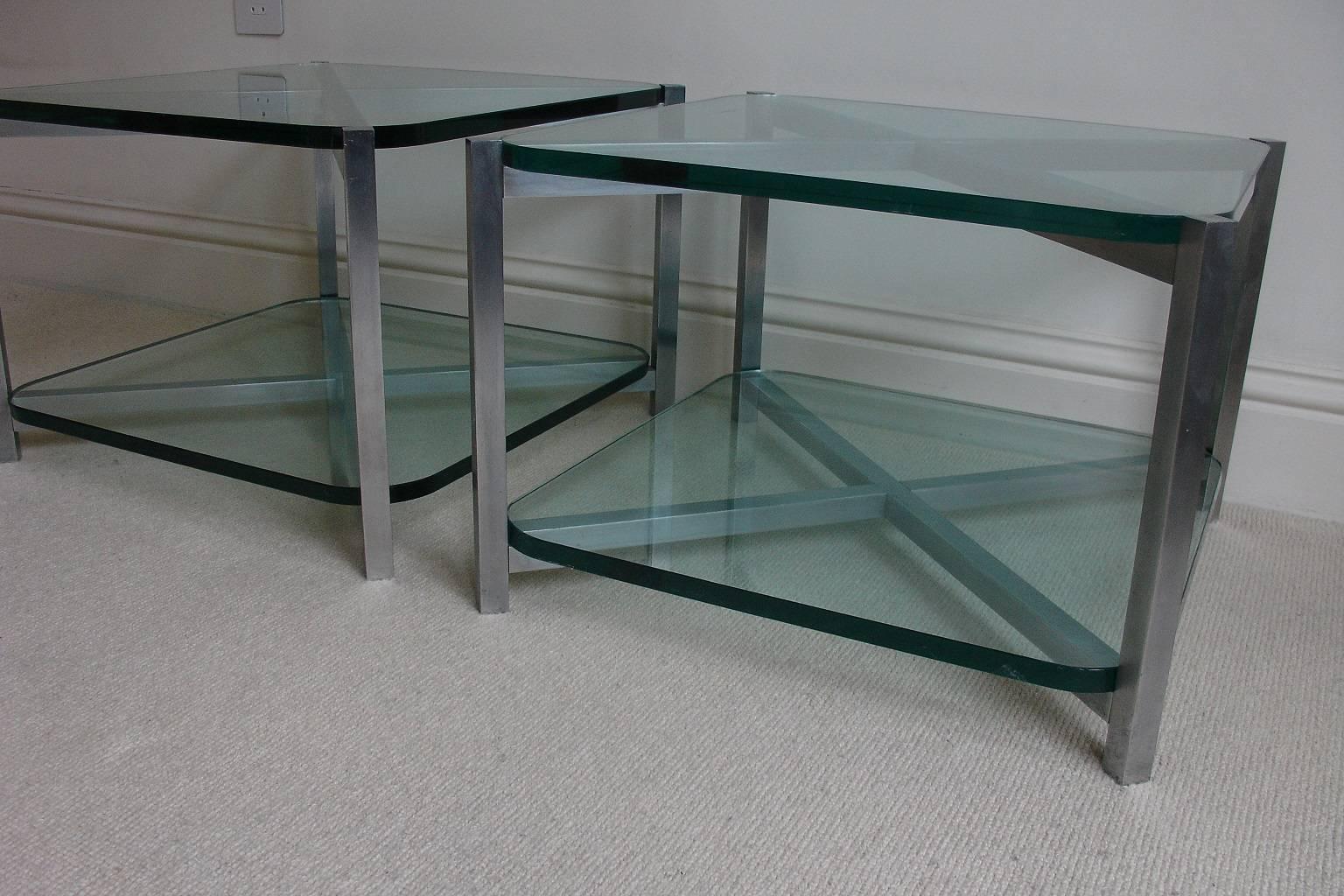 Art Deco 1930's Jacques Adnet Pair of Two-Tier Nickel and Glass Side End tables