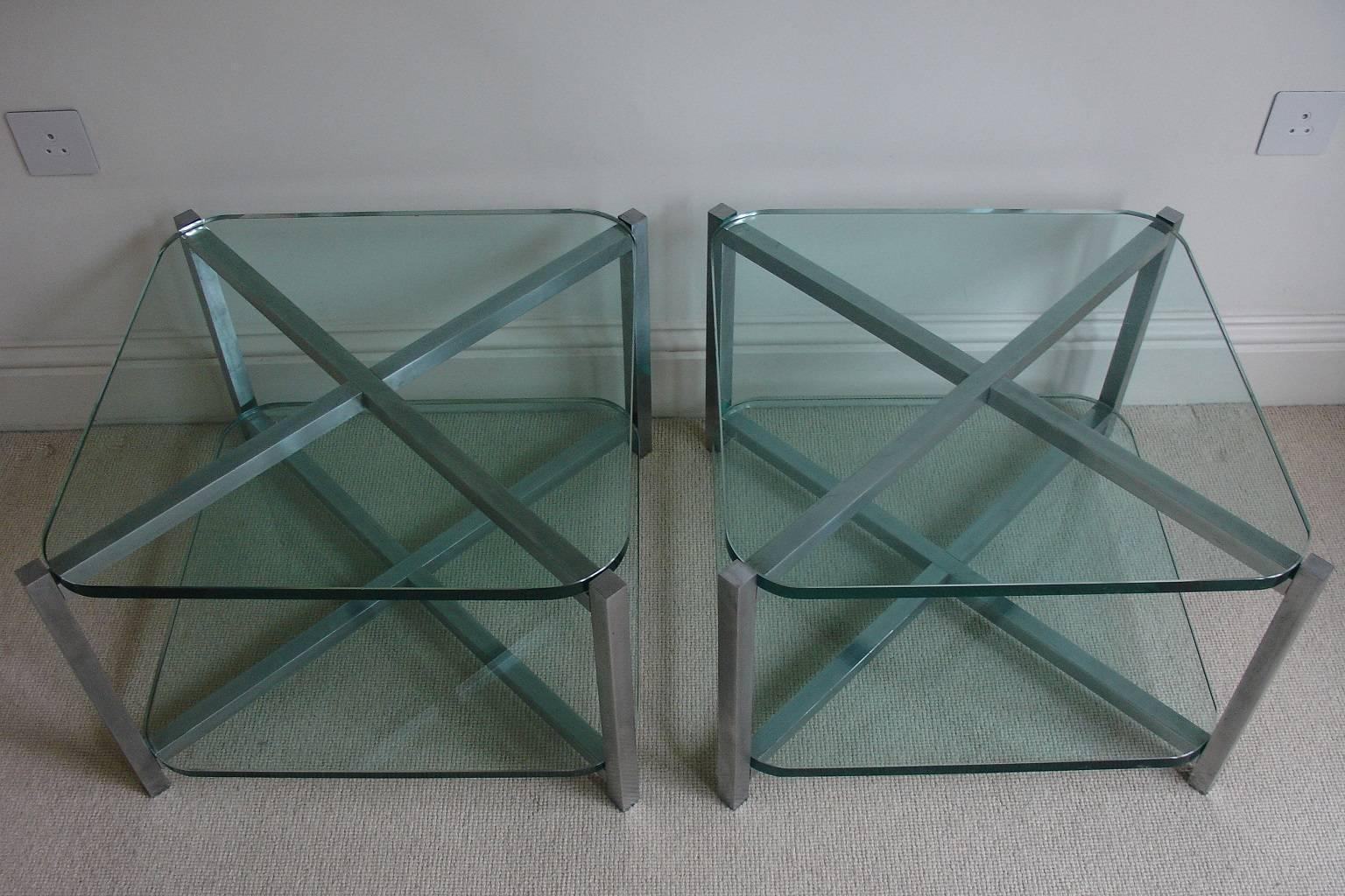 French 1930's Jacques Adnet Pair of Two-Tier Nickel and Glass Side End tables