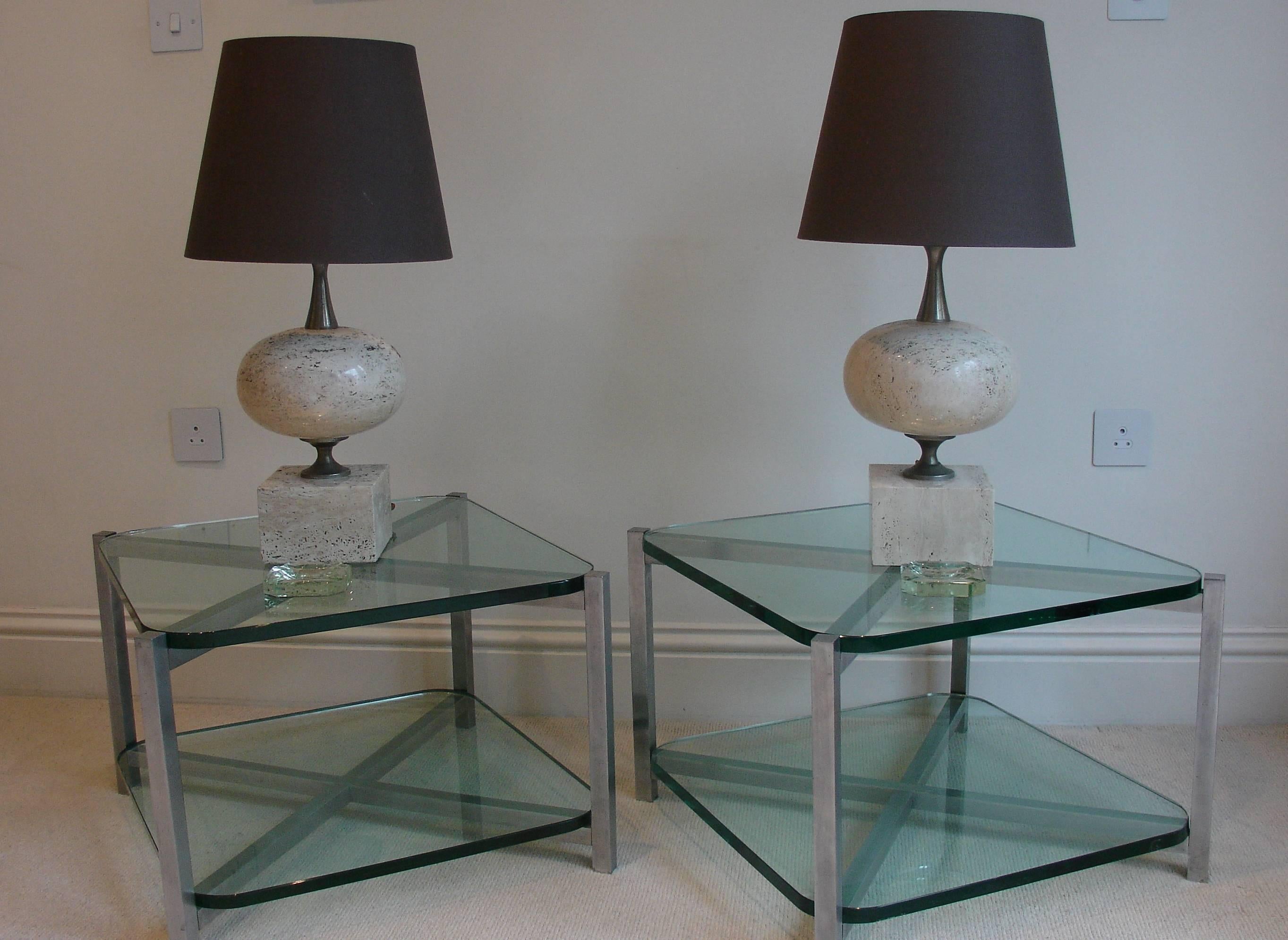 Plated 1930's Jacques Adnet Pair of Two-Tier Nickel and Glass Side End tables