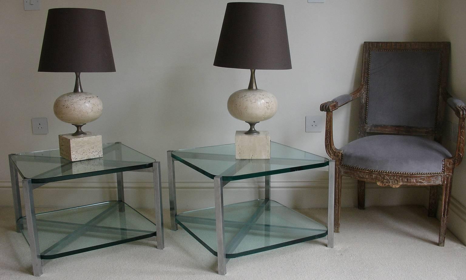 1930's Jacques Adnet Pair of Two-Tier Nickel and Glass Side End tables In Good Condition In London, GB