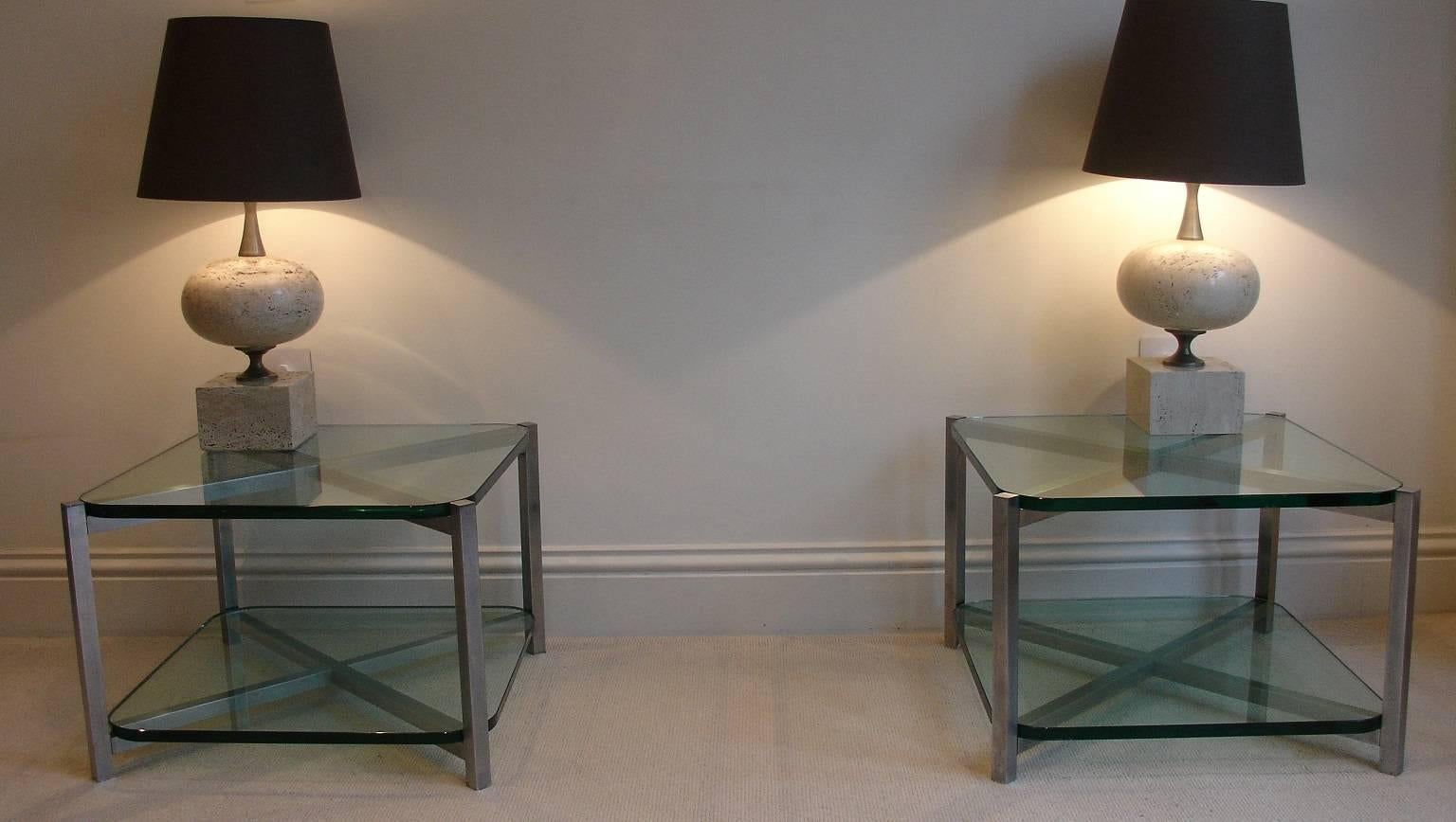 20th Century 1930's Jacques Adnet Pair of Two-Tier Nickel and Glass Side End tables
