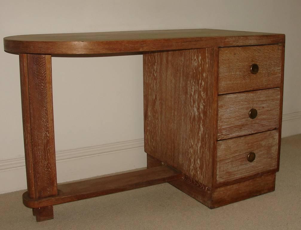 Small French Limed Oak, Art Deco Desk with Bronze Patinated Original Handles In Good Condition In London, GB