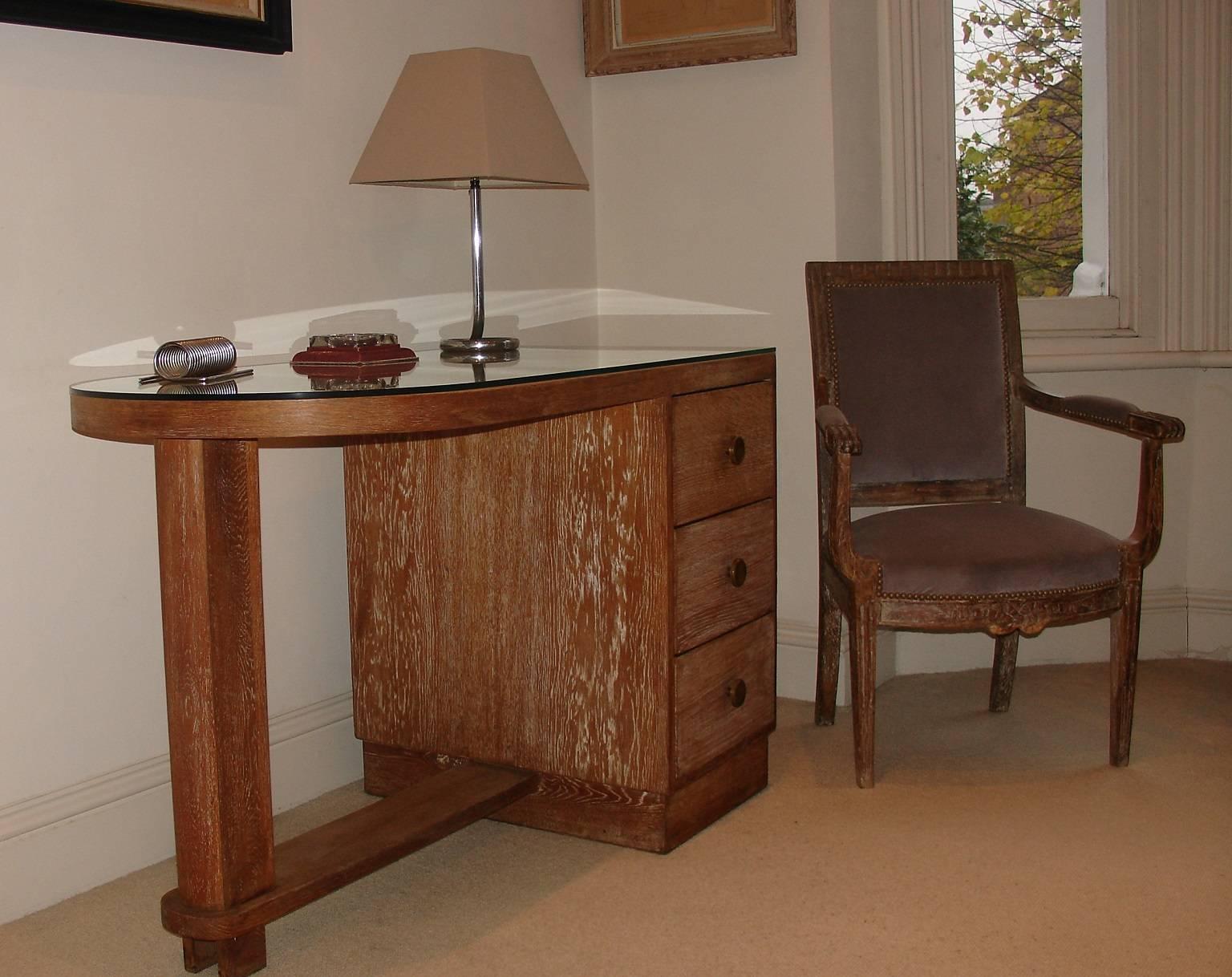 Small French Limed Oak, Art Deco Desk with Bronze Patinated Original Handles 3