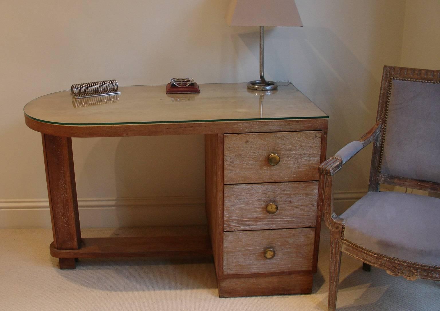 Small French Limed Oak, Art Deco Desk with Bronze Patinated Original Handles 4