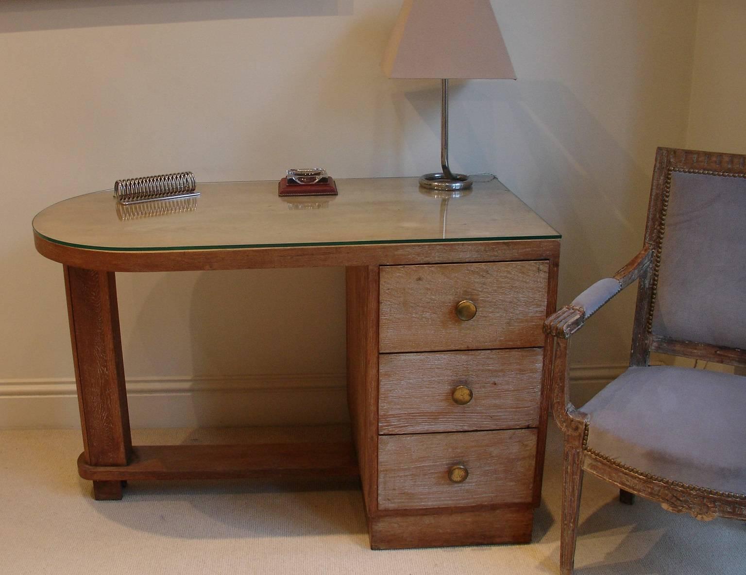 Small French Limed Oak, Art Deco Desk with Bronze Patinated Original Handles 5