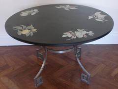 Polished Slate Top Table with Inset Flower Motifs on Steel Base, Italian, 1961