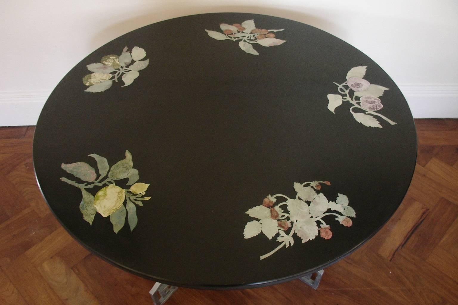 Mid-Century Modern Polished Slate Top Table with Inset Flower Motifs on Steel Base, Italian, 1961