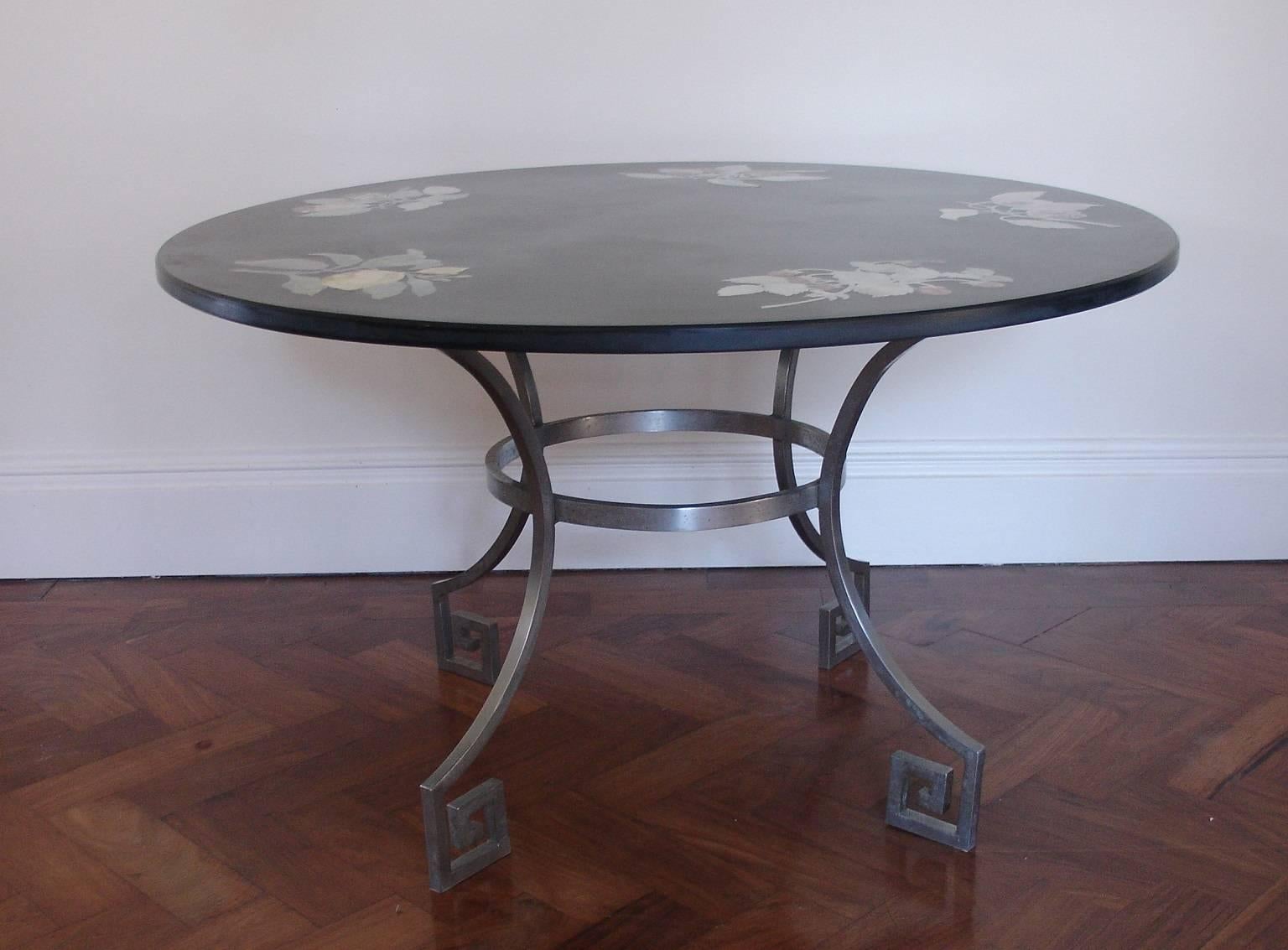 Polished Slate Top Table with Inset Flower Motifs on Steel Base, Italian, 1961 1
