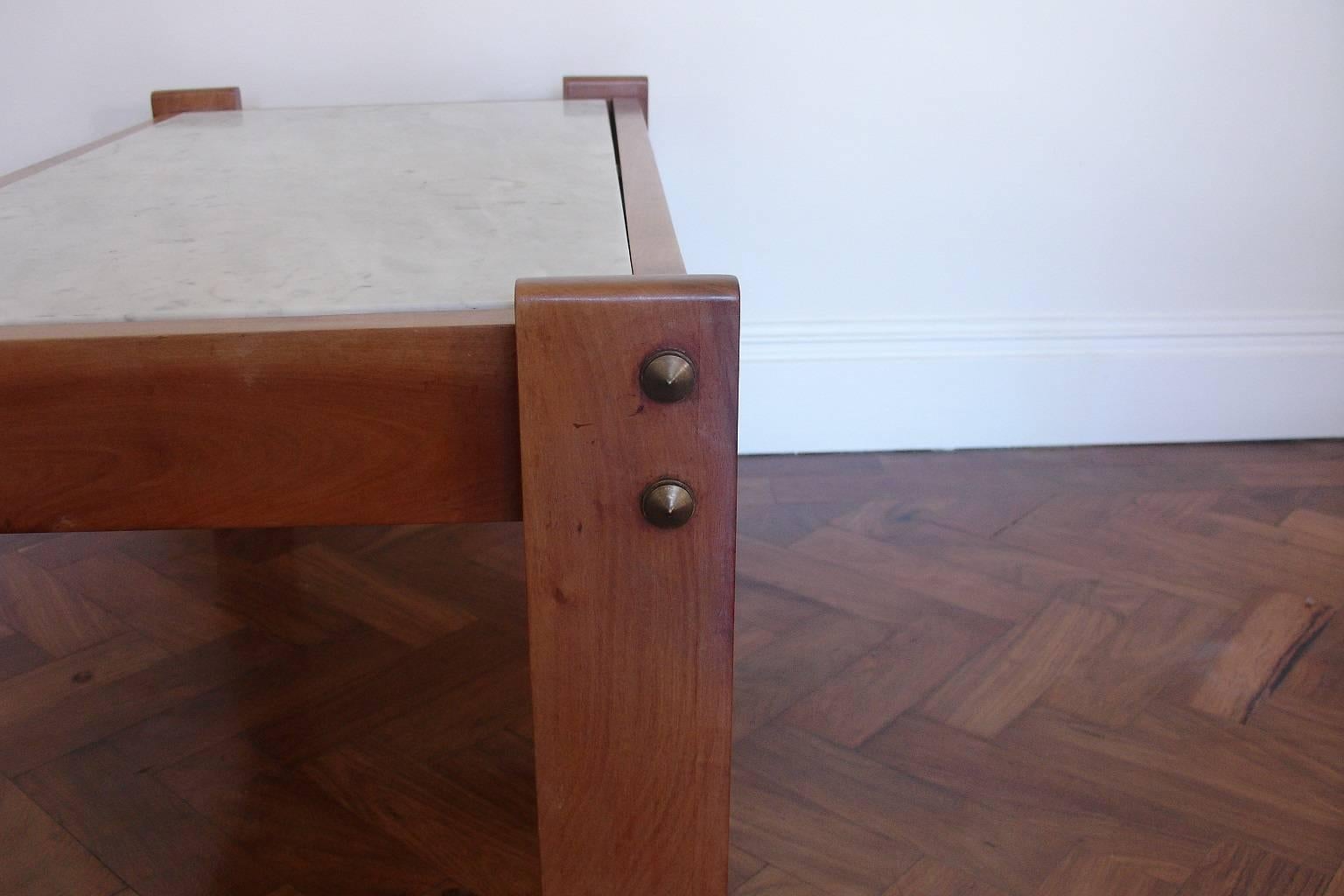Patinated Elegant Small Marble and Cherrywood Coffee Table with Bronze Detail, French For Sale