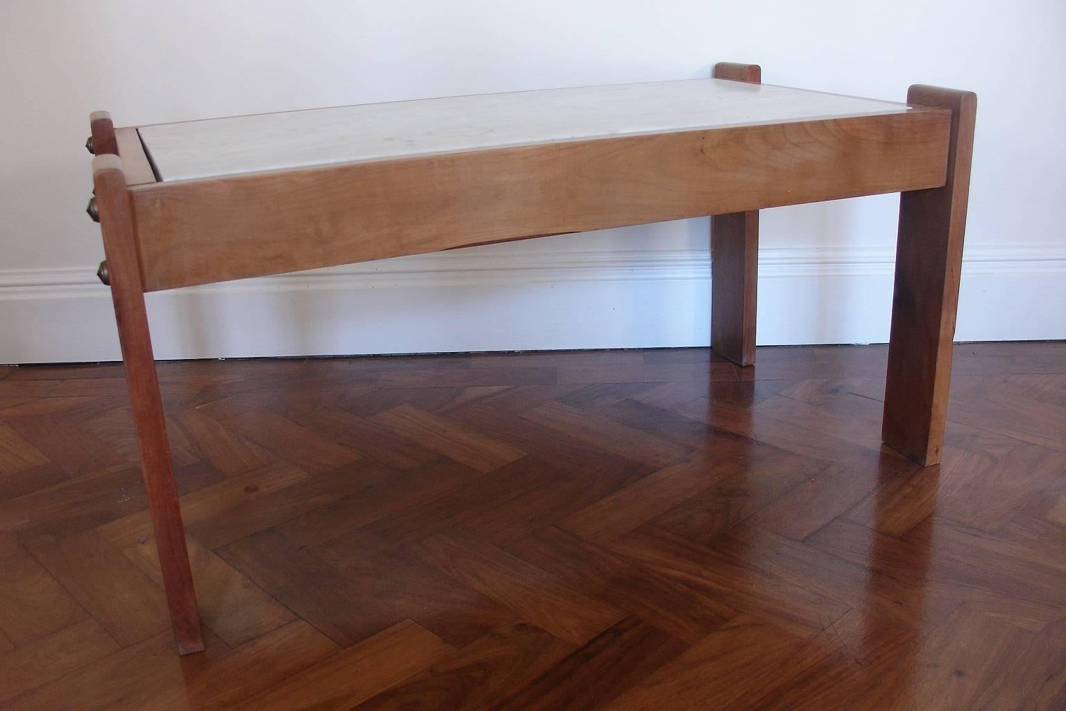 Elegant Small Marble and Cherrywood Coffee Table with Bronze Detail, French In Good Condition For Sale In London, GB