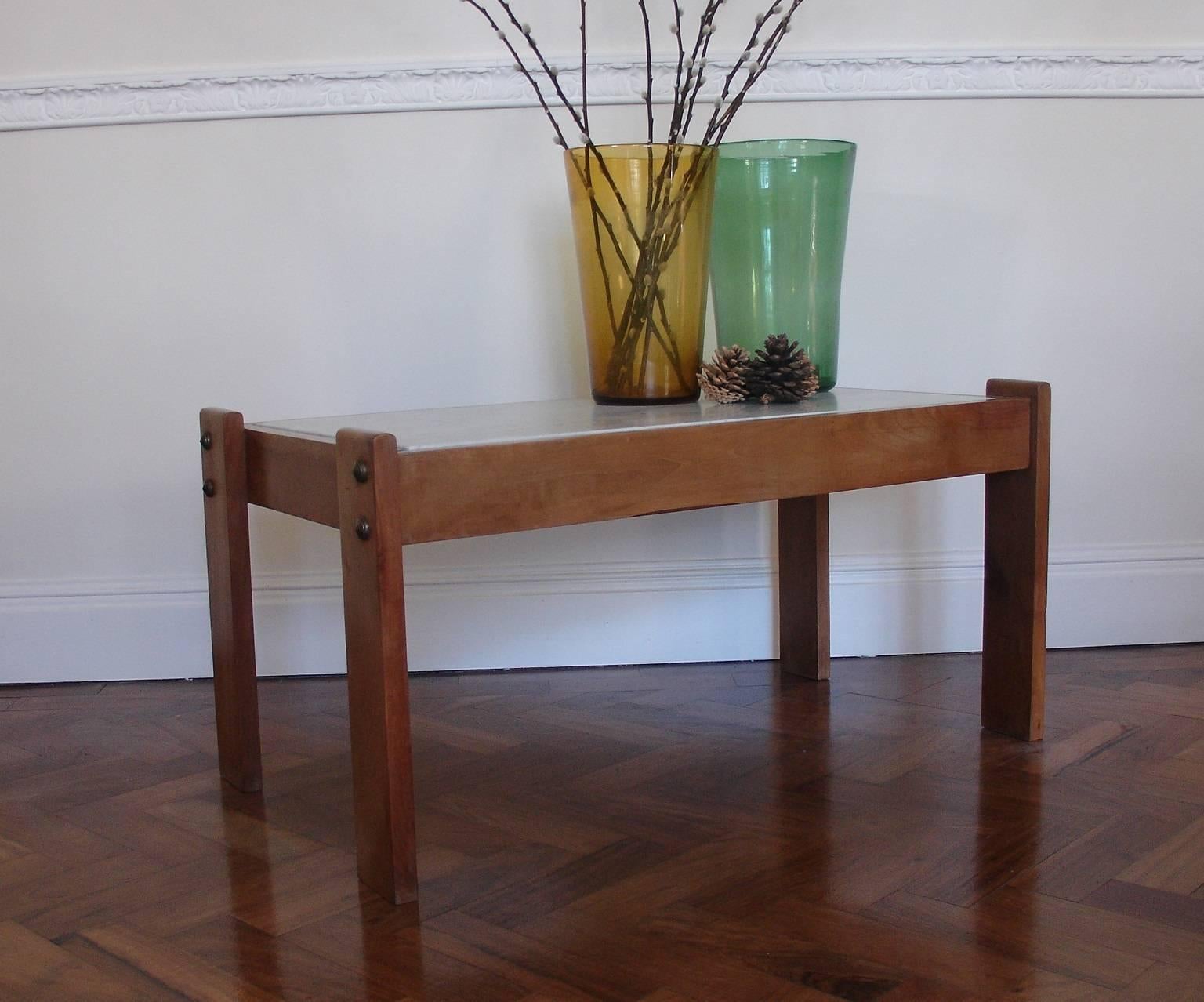Elegant Small Marble and Cherrywood Coffee Table with Bronze Detail, French For Sale 2