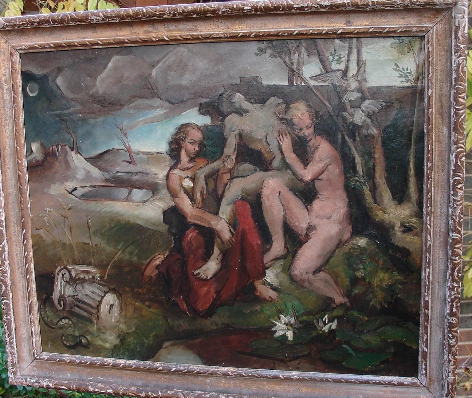 Painted 1915-1990 John Rogers Cox, American Allegorical Scene painting, oil on canvas For Sale