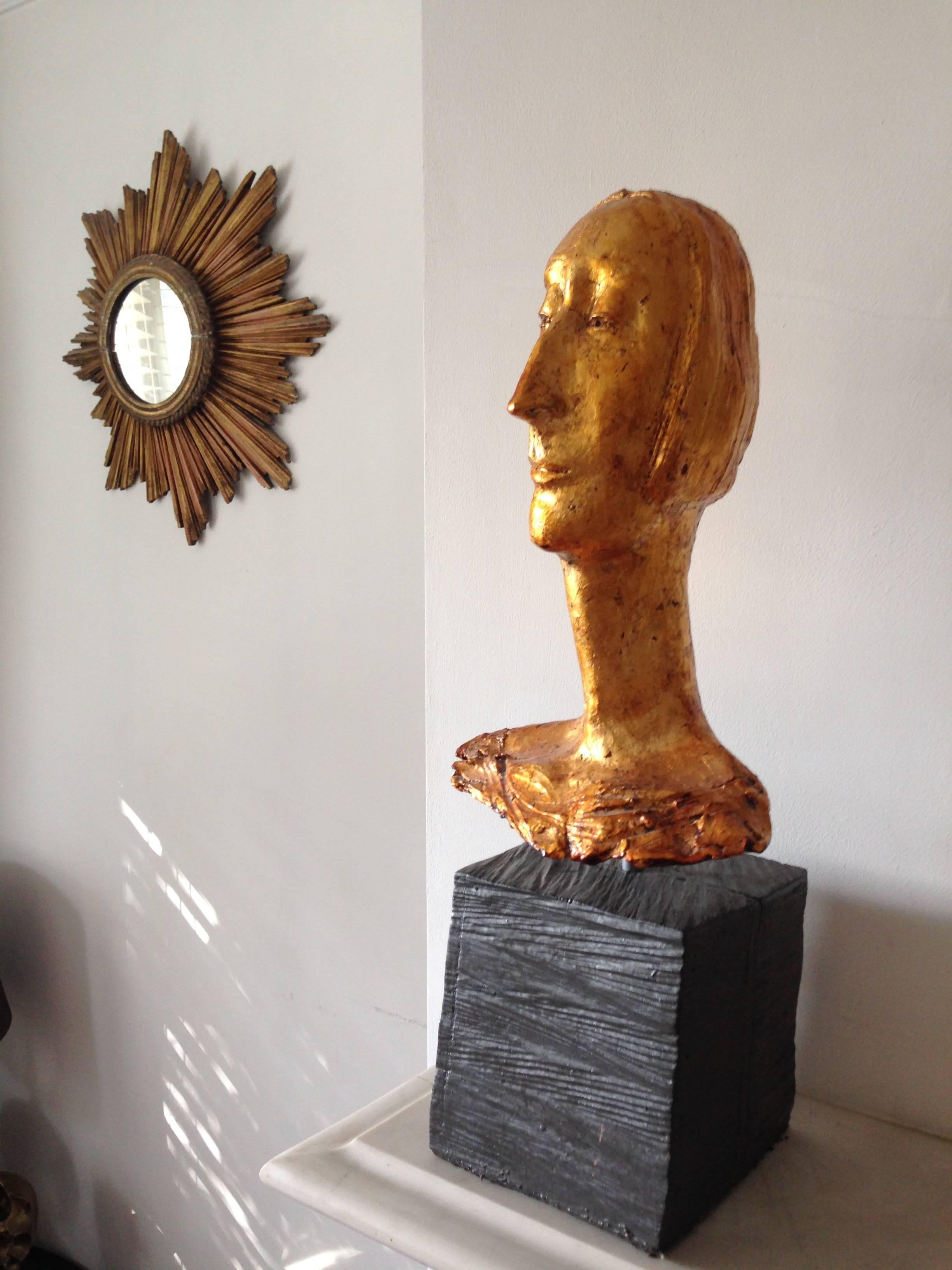 A privately commissioned gilded ceramic sculpture of Edith Sitwell by the British artist Simon Toone. Born 1967.
Toone's sculptures are elegant, gilded and elongated busts reminiscent of Giacometti.
Toone trained at Bristol with some of the greats