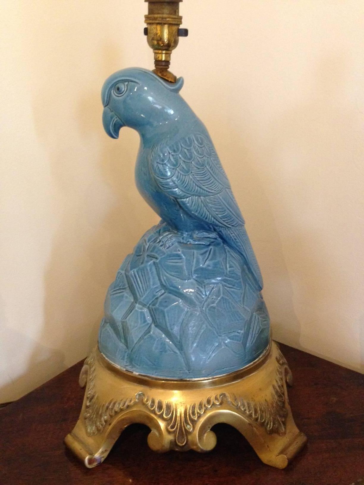 English Set of Three Fabulous Glazed Blue Porcelain Parrot Lamps on Gilt Bronze Mounts