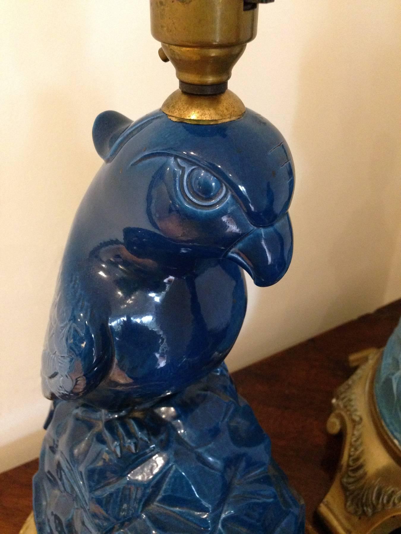 20th Century Set of Three Fabulous Glazed Blue Porcelain Parrot Lamps on Gilt Bronze Mounts