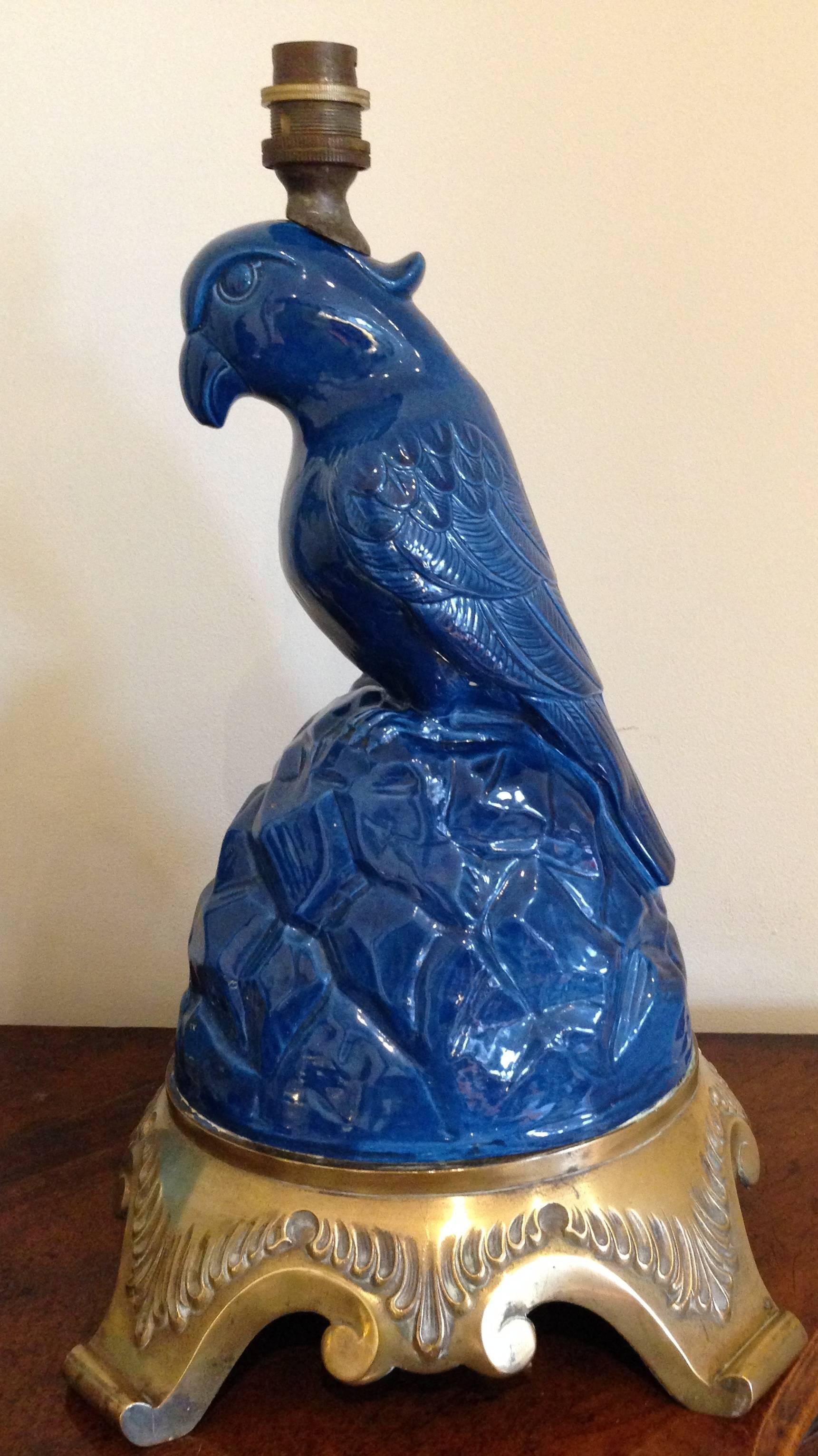 Set of Three Fabulous Glazed Blue Porcelain Parrot Lamps on Gilt Bronze Mounts 1
