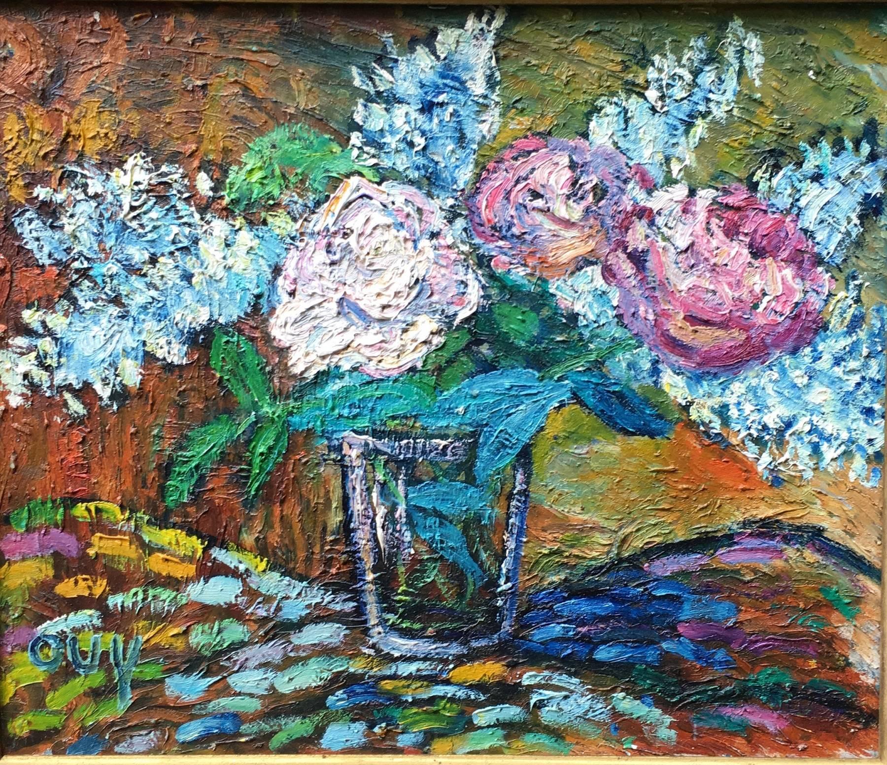 A striking oil on board of colorful hydrangeas in a vase. Painted by the French Artist Gerard Albouy and signed Ouy his artist's name. Gerard Albouy 1912-1985 was a Parisien hat maker renowned in Parisien fashion circles. His hobbies included buying