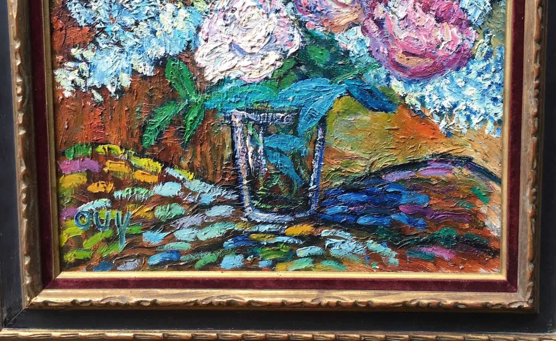 Expressionist Still Life of Pink, Blue, Purple Hydrangeas, French School Gerard Albouy For Sale