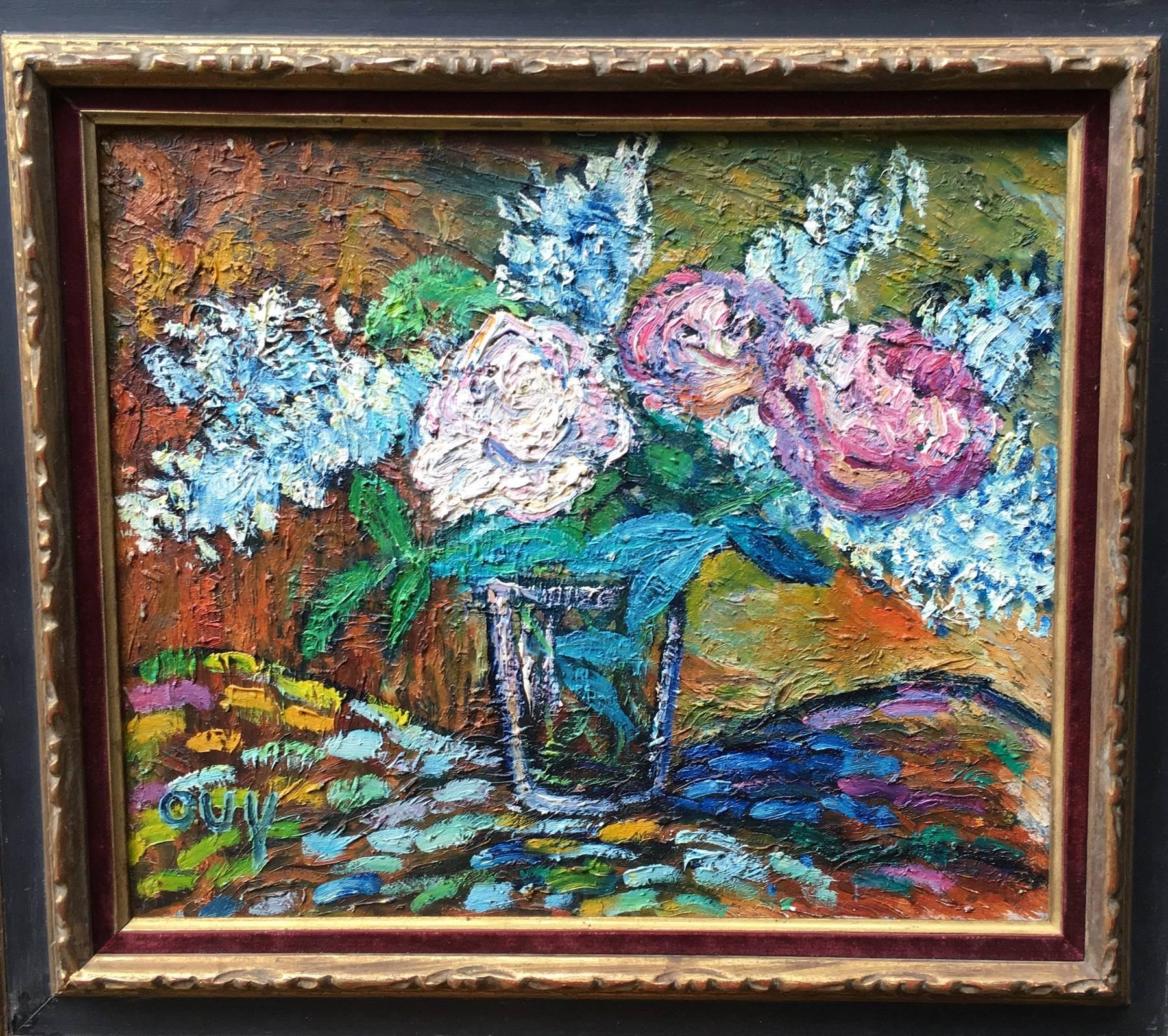 Painted Still Life of Pink, Blue, Purple Hydrangeas, French School Gerard Albouy For Sale