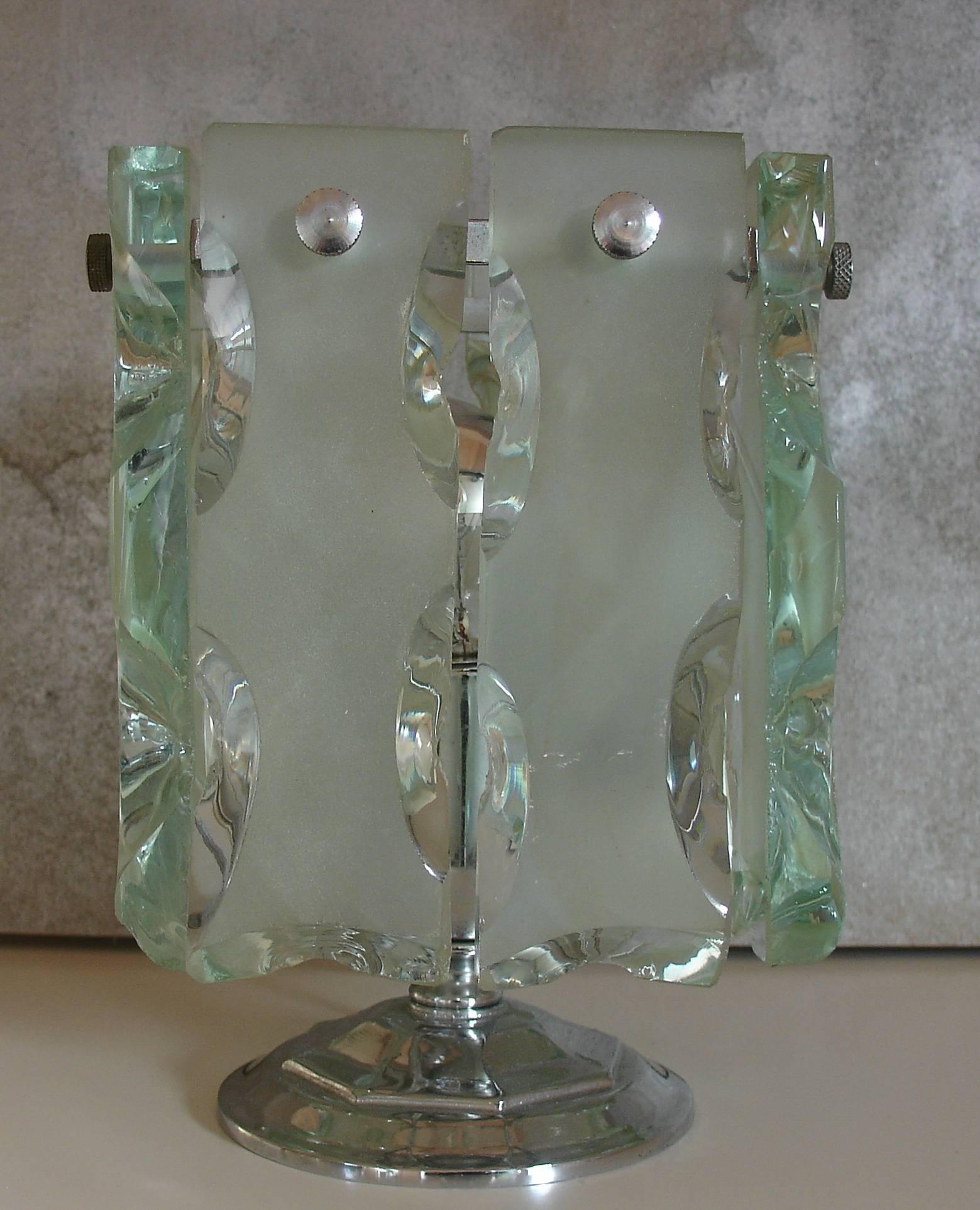 Mid-Century Modern 1960's Italian lamp attributed to Fontana Arte Hand Chiselled Glass and Chrome